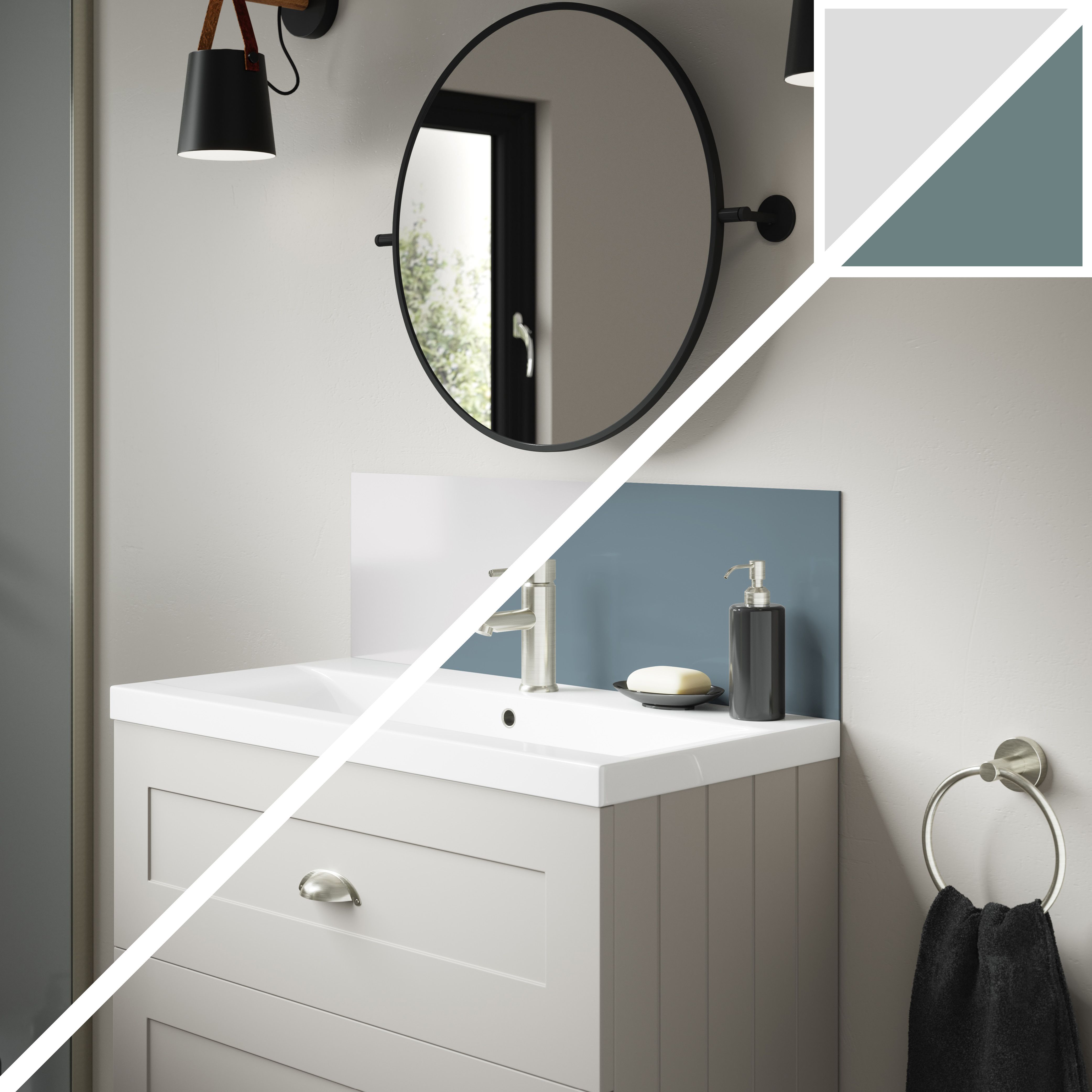 Splashwall Alloy Laminate Adhesive Double-sided Bathroom Splashback (H)25cm (W)80cm - Gloss Glacier white & Neptune blue Glass effect