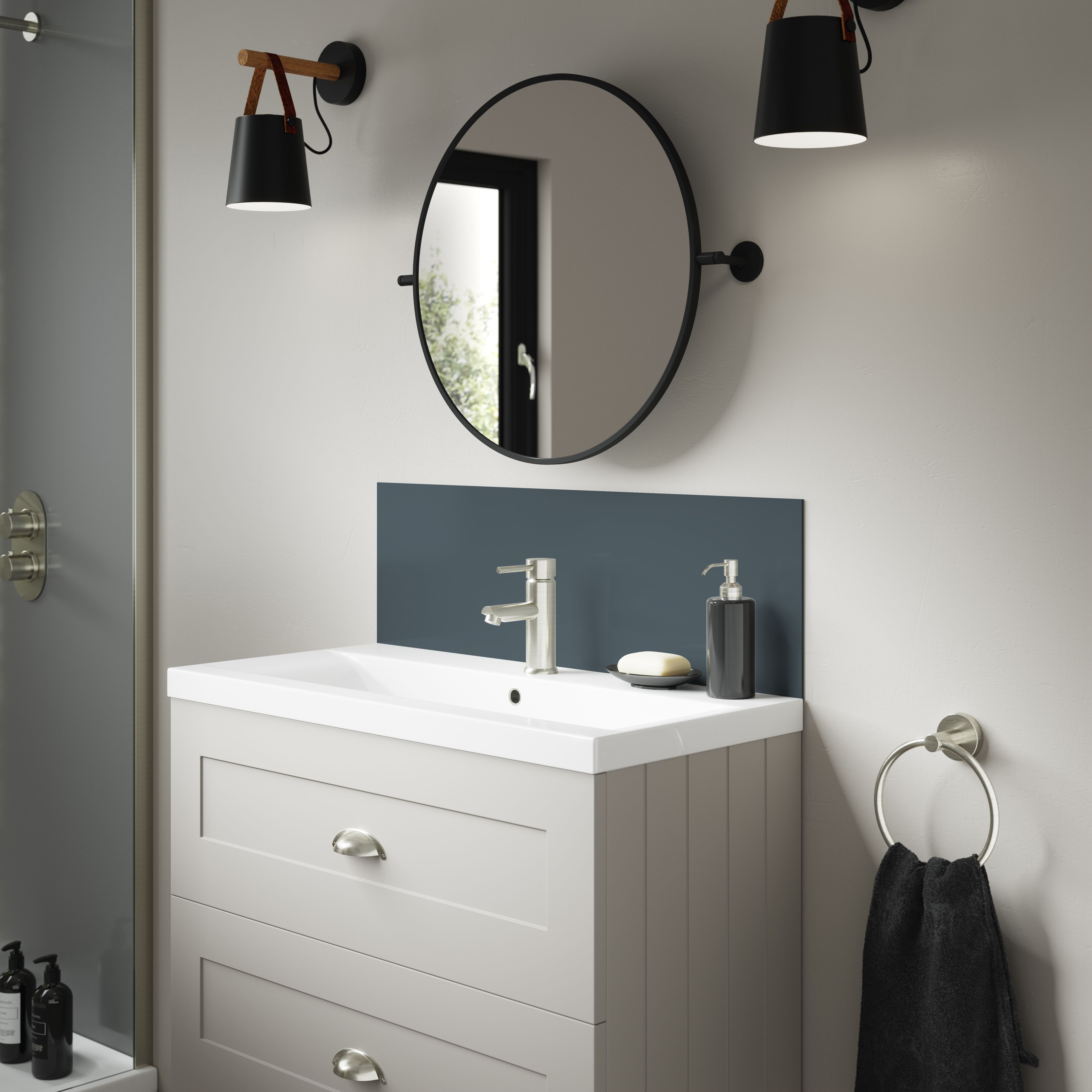 Splashwall Alloy Laminate Adhesive Double-sided Bathroom Splashback (H)25cm (W)80cm - Gloss Malibu grey & storm blue Glass effect