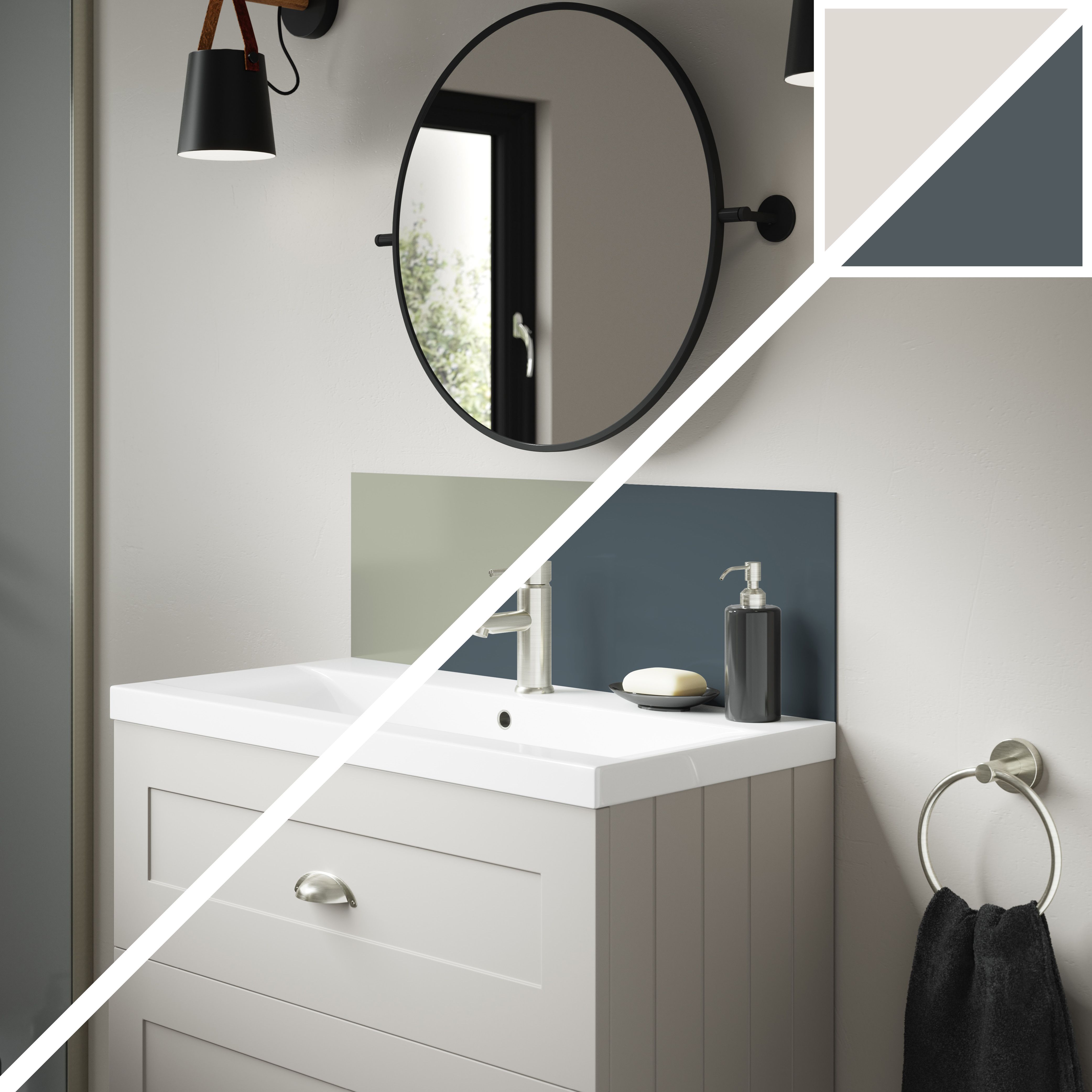 Splashwall Alloy Laminate Adhesive Double-sided Bathroom Splashback (H)25cm (W)80cm - Gloss Malibu grey & storm blue Glass effect
