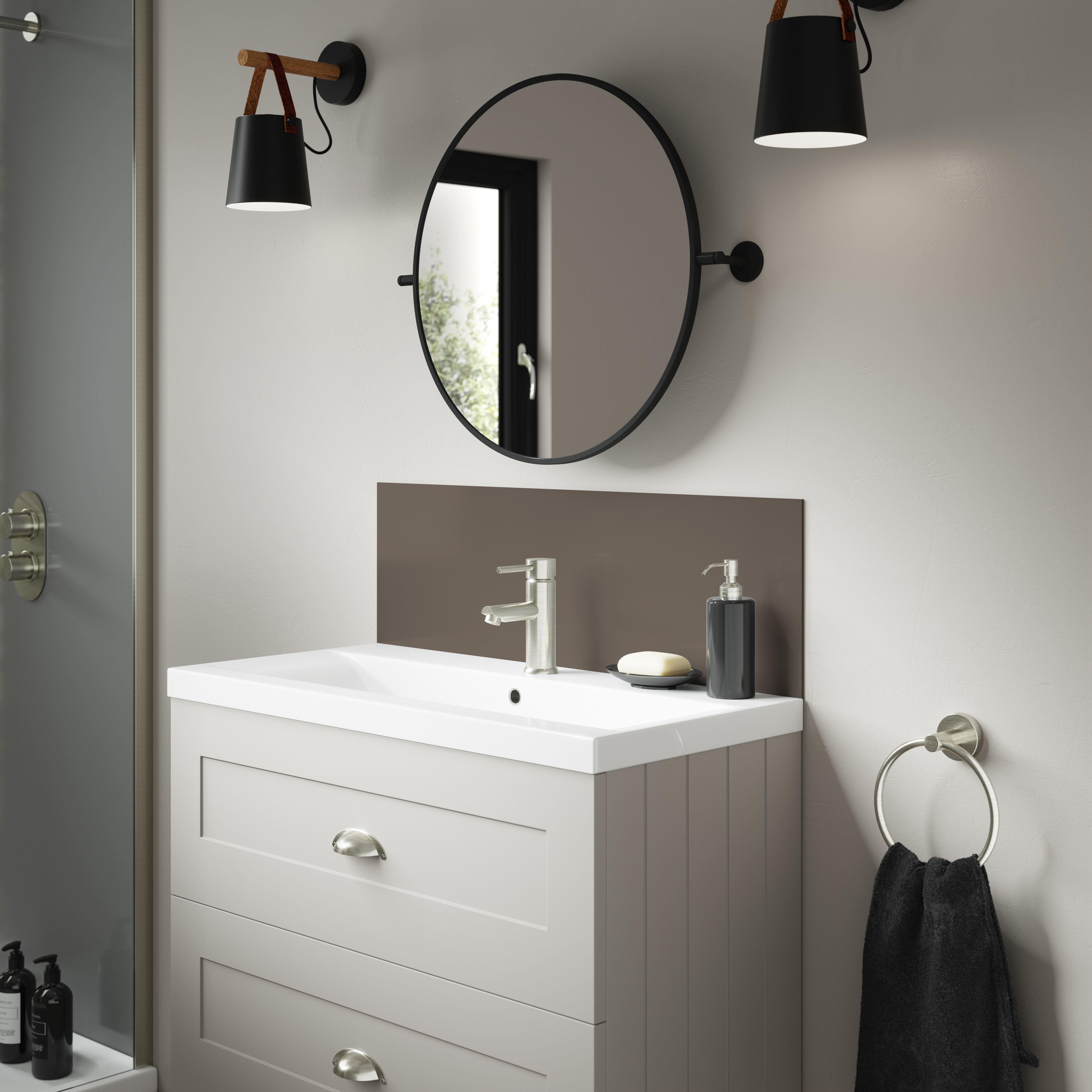 Splashwall Alloy Laminate Adhesive Double-sided Bathroom Splashback (H)25cm (W)80cm - Gloss Terra grey & sea breeze green Glass effect
