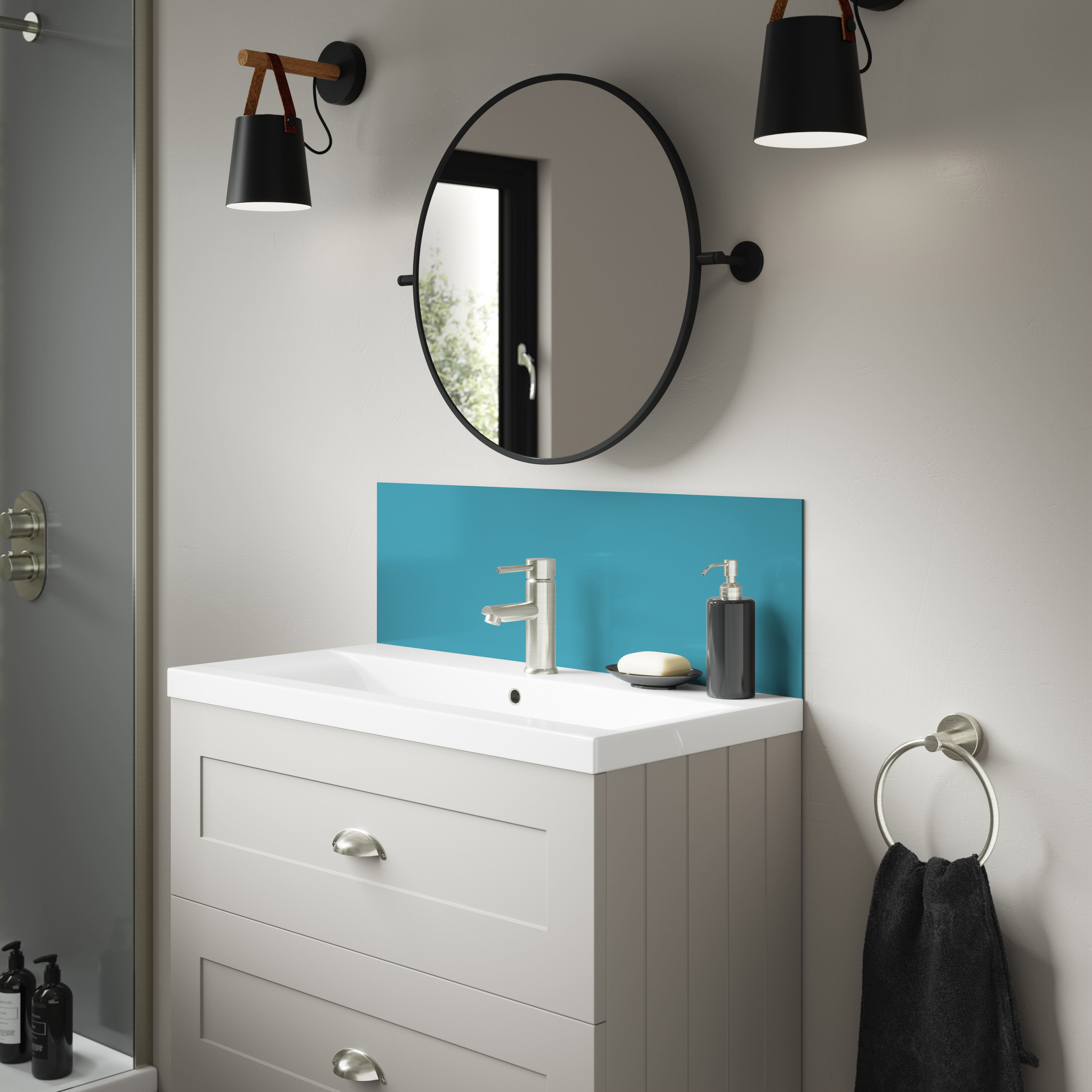 Splashwall Alloy Laminate Adhesive Double-sided Bathroom Splashback (H)25cm (W)80cm - Gloss Turquoise & slate grey Glass effect