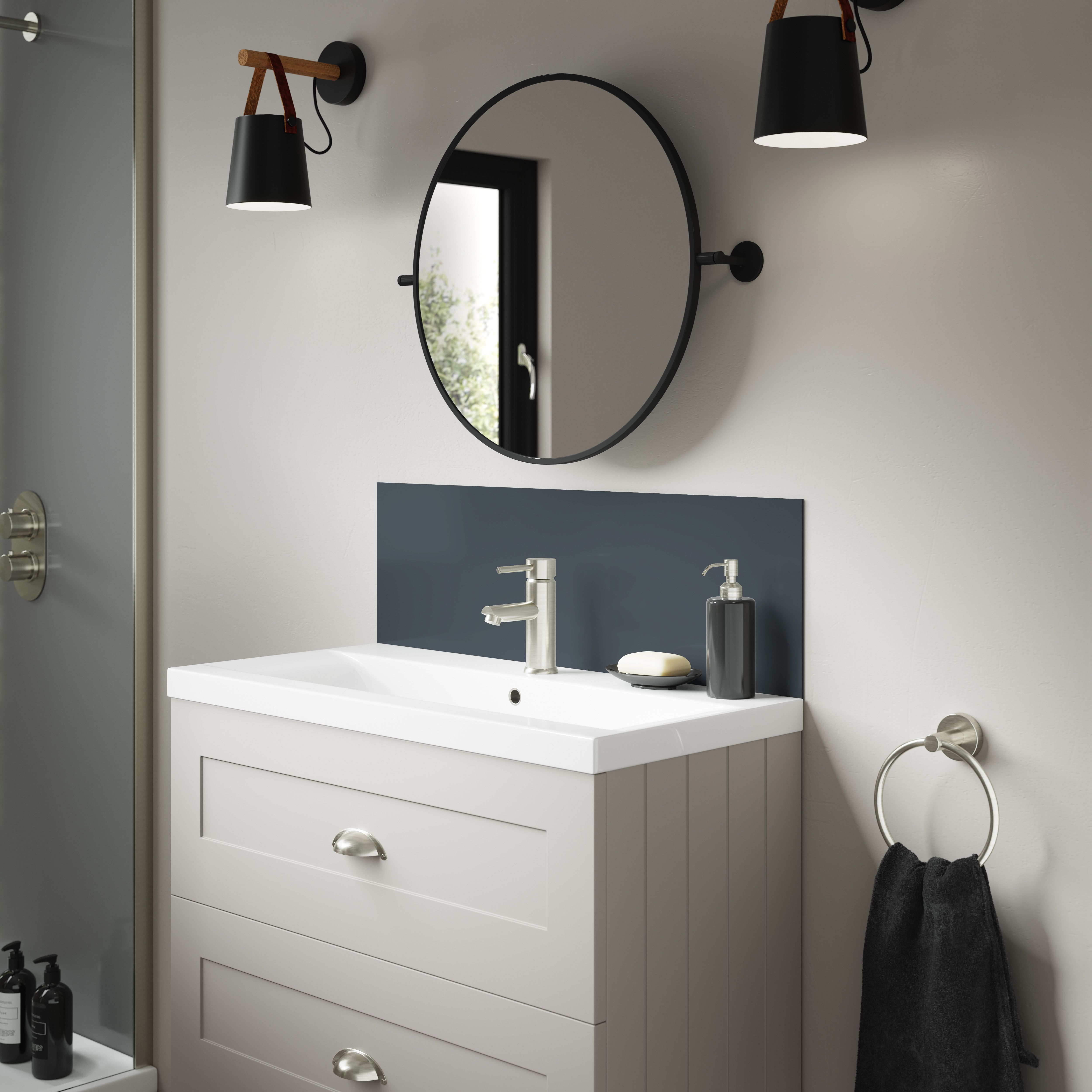 Splashwall Alloy Laminate Adhesive Double-sided Bathroom Splashback (H)25cm (W)80cm - Gloss Turquoise & slate grey Glass effect