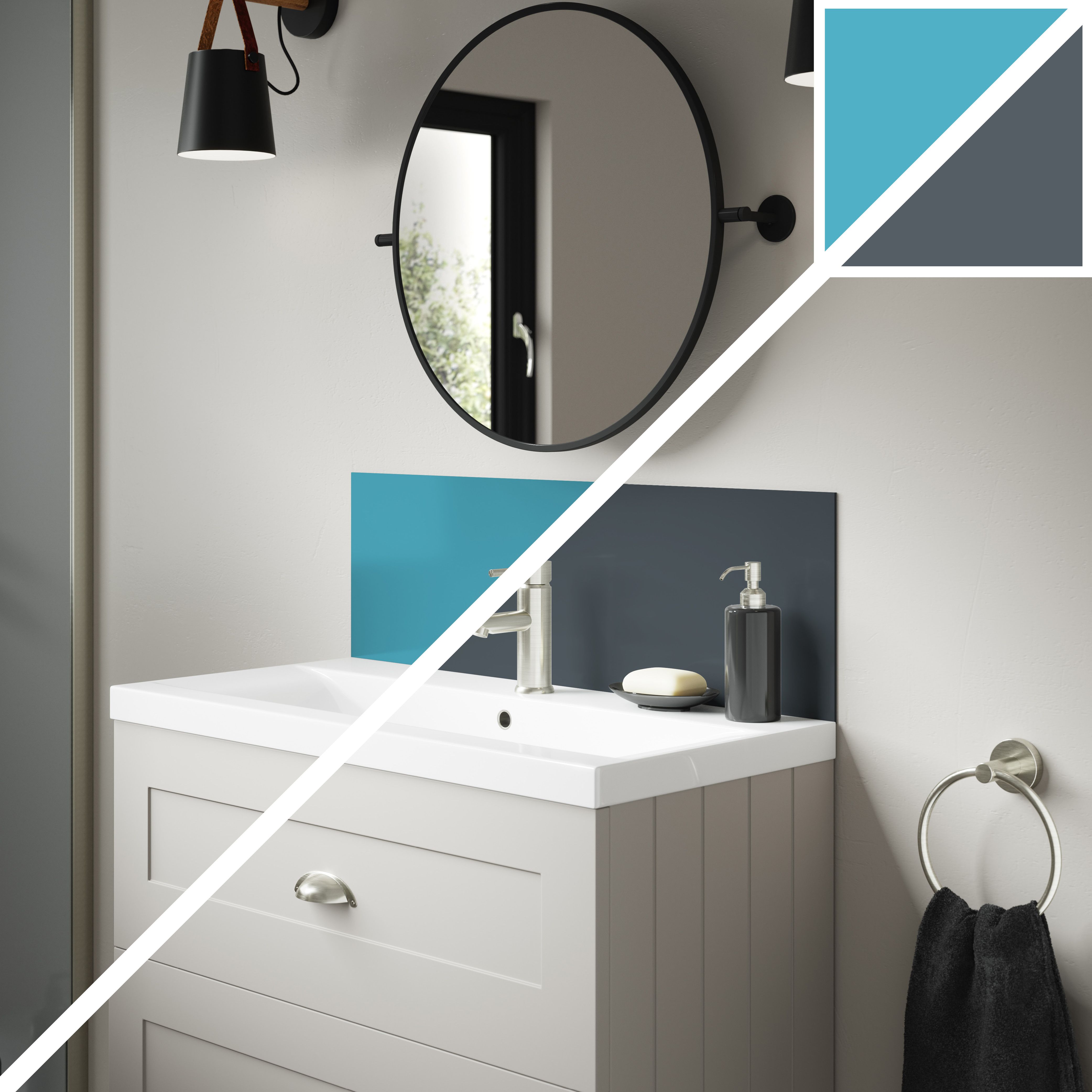 Splashwall Alloy Laminate Adhesive Double-sided Bathroom Splashback (H)25cm (W)80cm - Gloss Turquoise & slate grey Glass effect