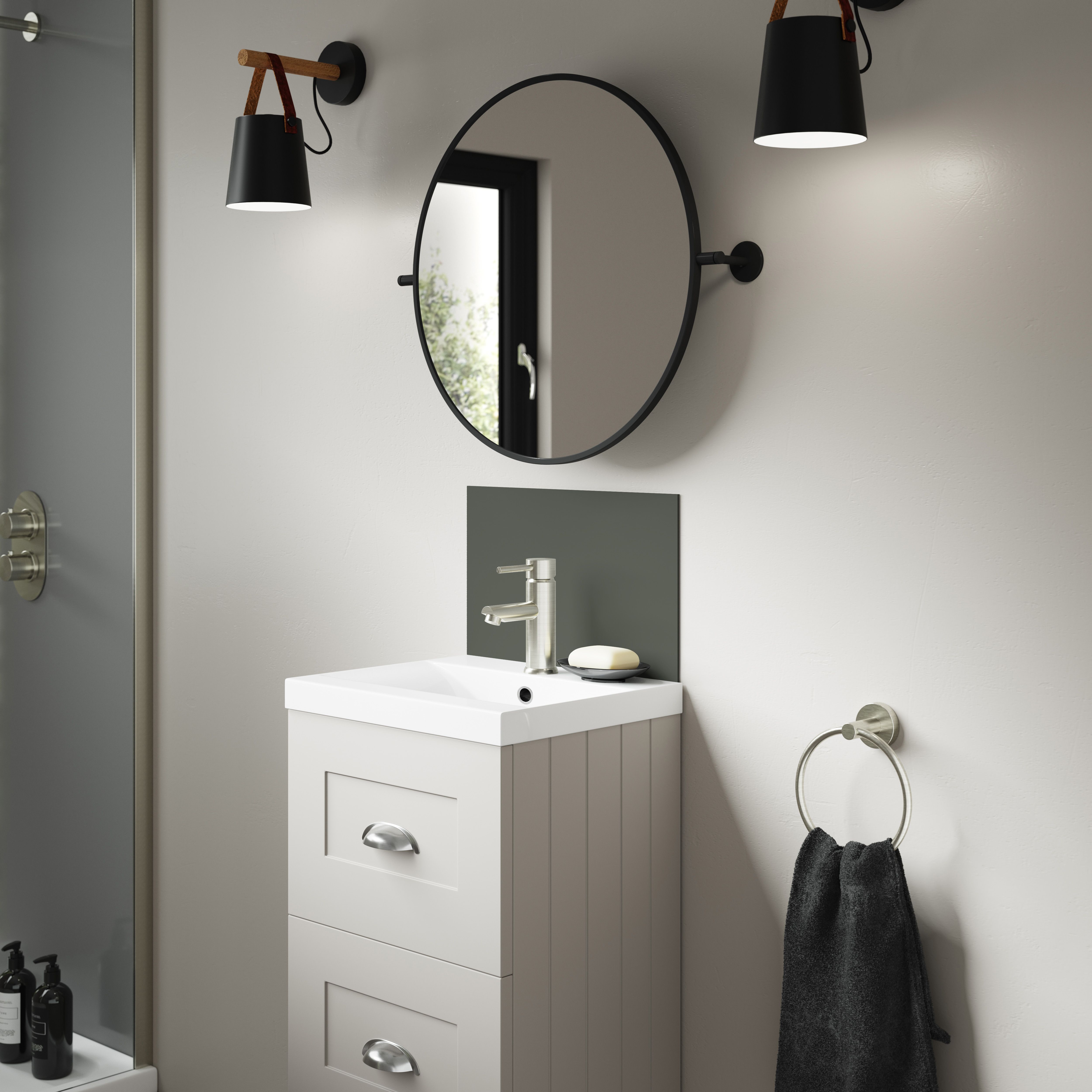 Splashwall Alloy Laminate Adhesive Double-sided Bathroom Splashback (H)25cm (W)80cm - Matt Sea foam green & battleship grey