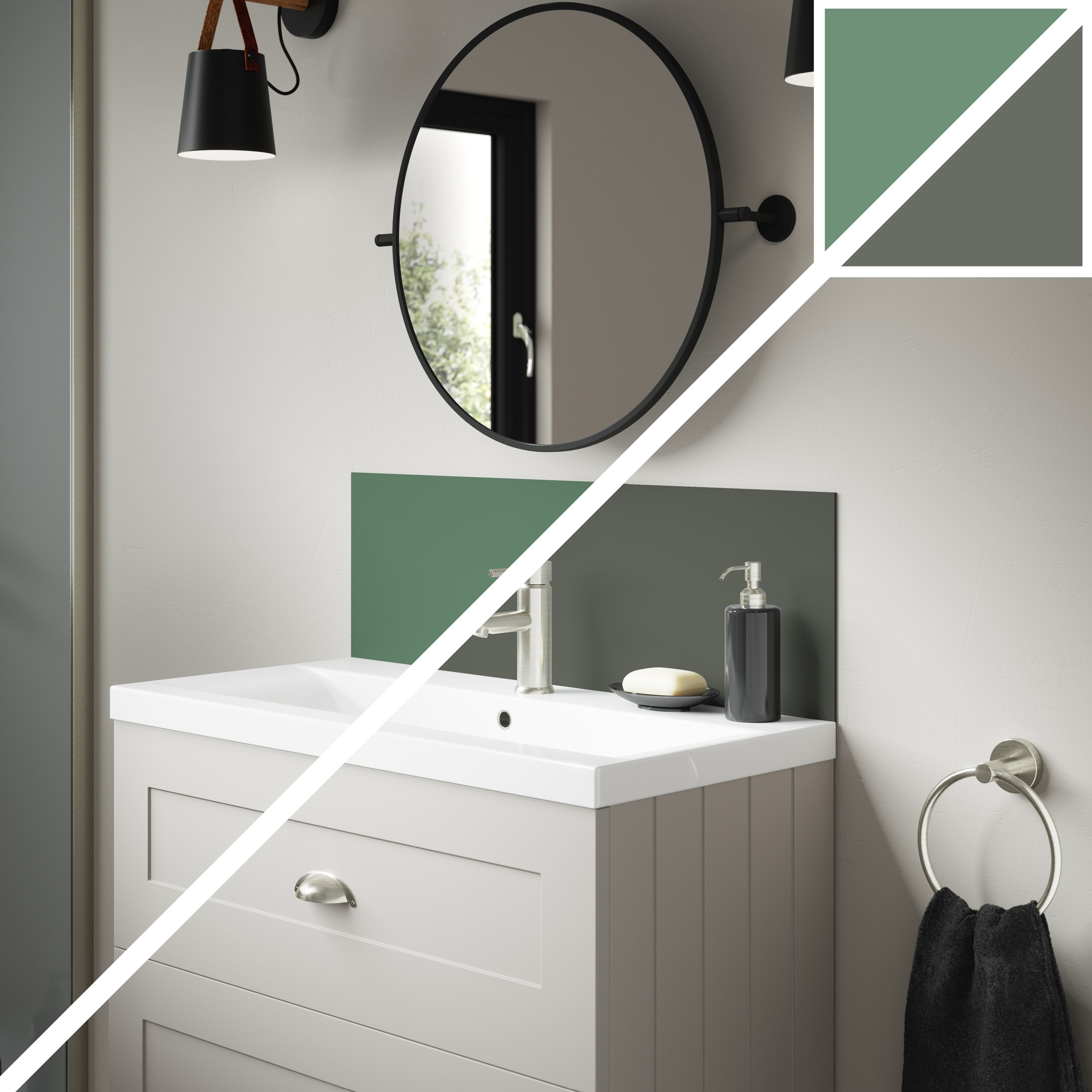 Splashwall Alloy Laminate Adhesive Double-sided Bathroom Splashback (H)25cm (W)80cm - Matt Sea foam green & battleship grey