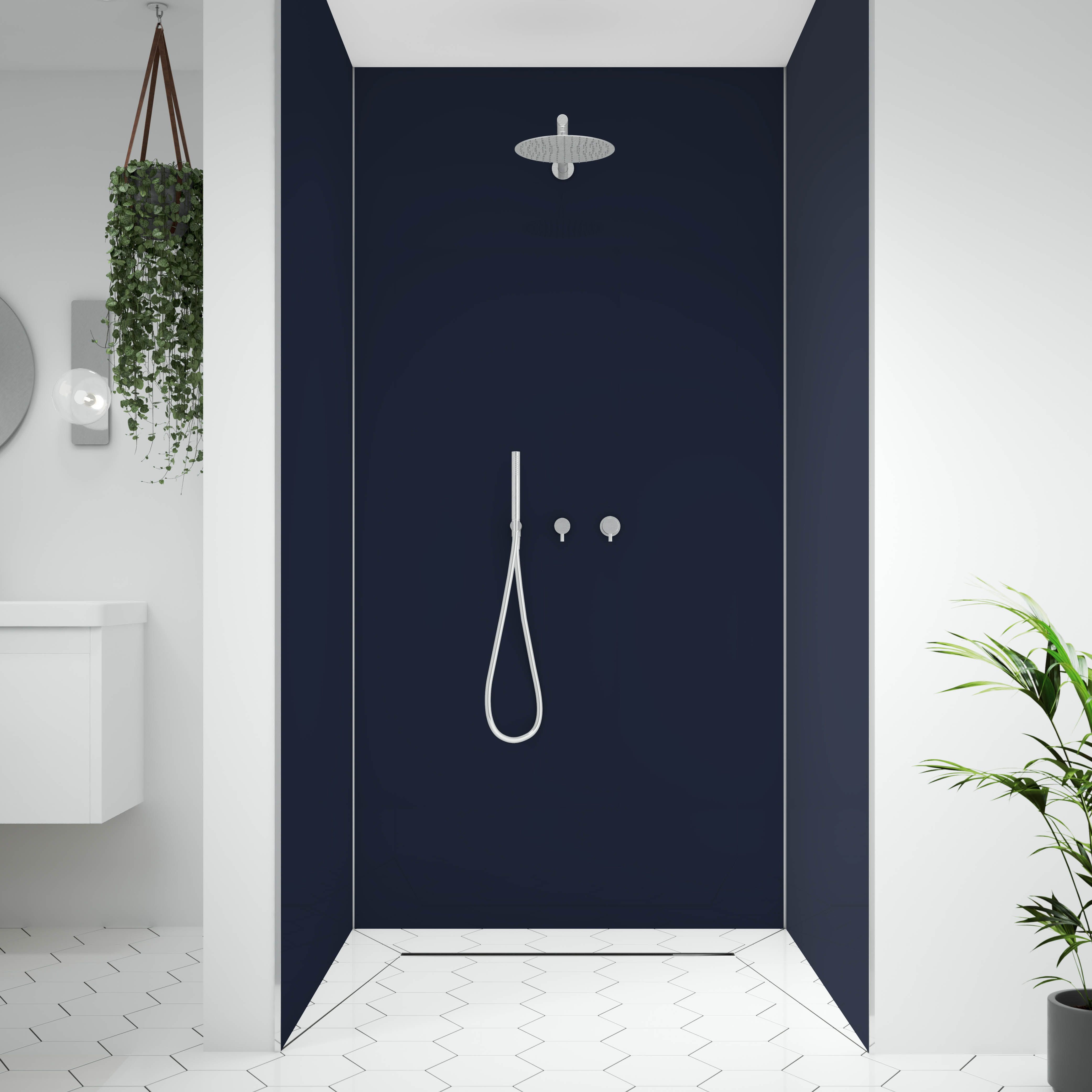 Splashwall Alloy Matt Deep sea blue & smoked rose Double-sided Aluminium Bathroom & wet room Decorative panel (H)2400mm (W)1200mm