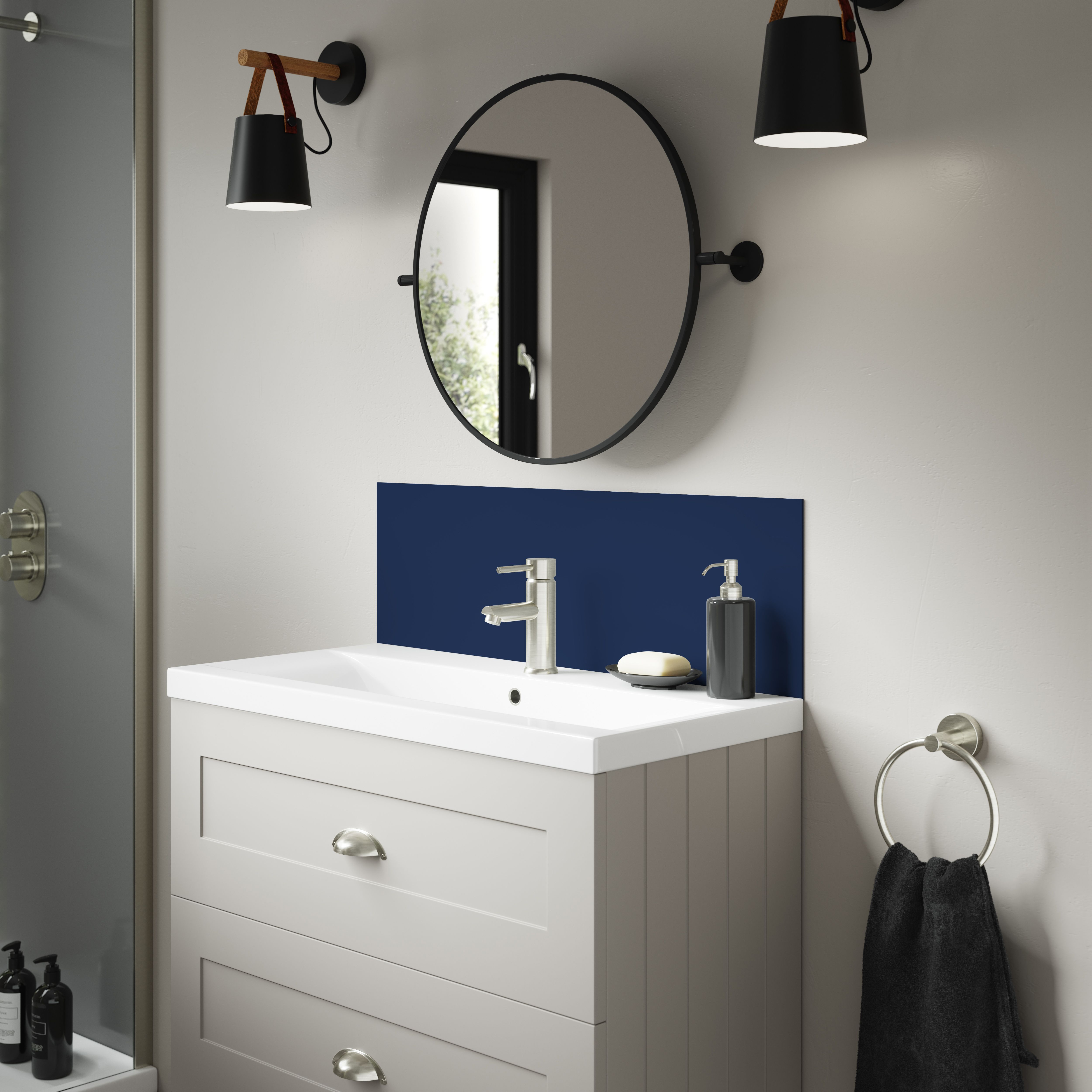 Splashwall Alloy Matt Deep sea blue & smoked rose Double-sided Laminate Adhesive Bathroom Splashback (H)25cm (W)80cm