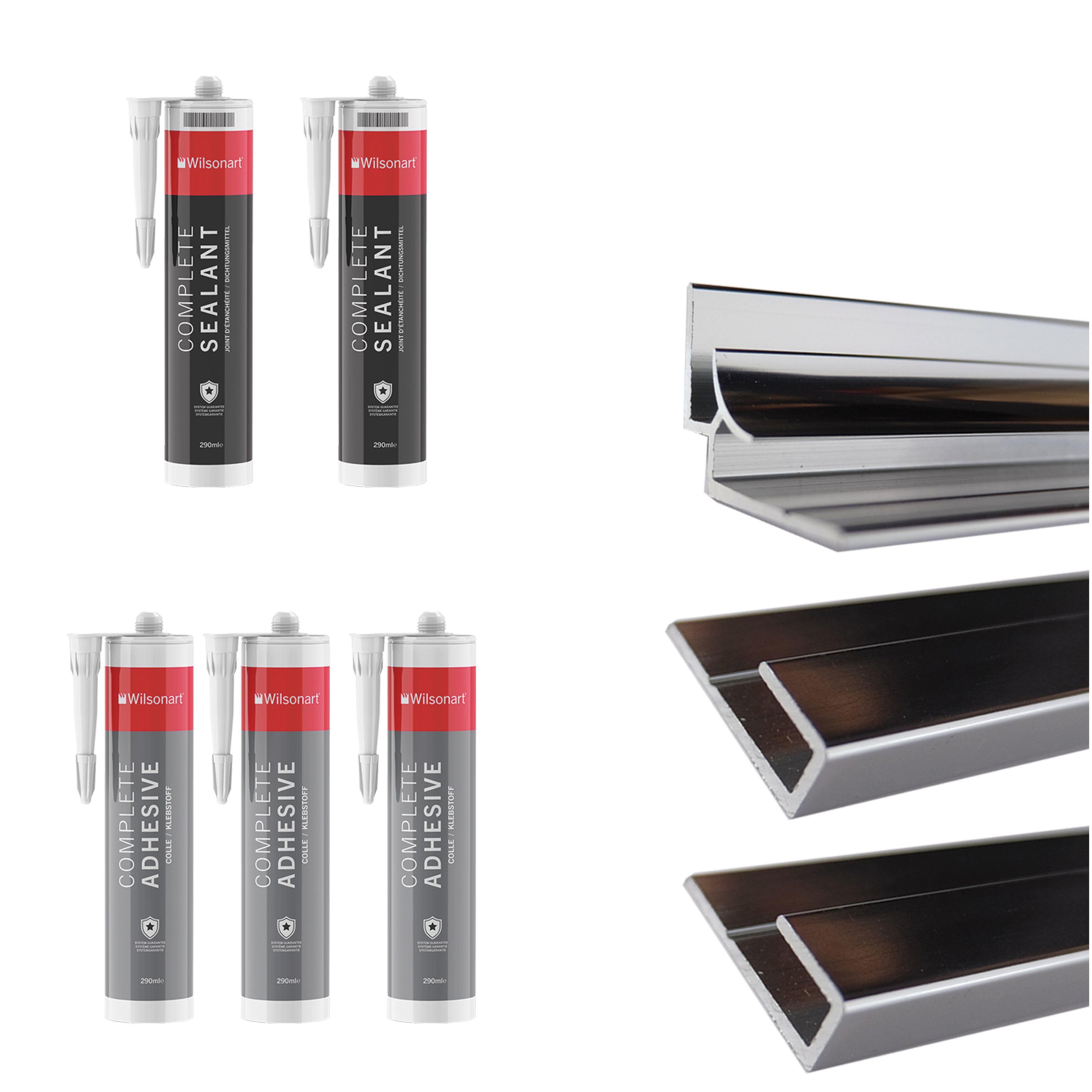 Splashwall Alloy Metal 2 sided Bathroom & wet room Panel installation kit Polished Chrome effect