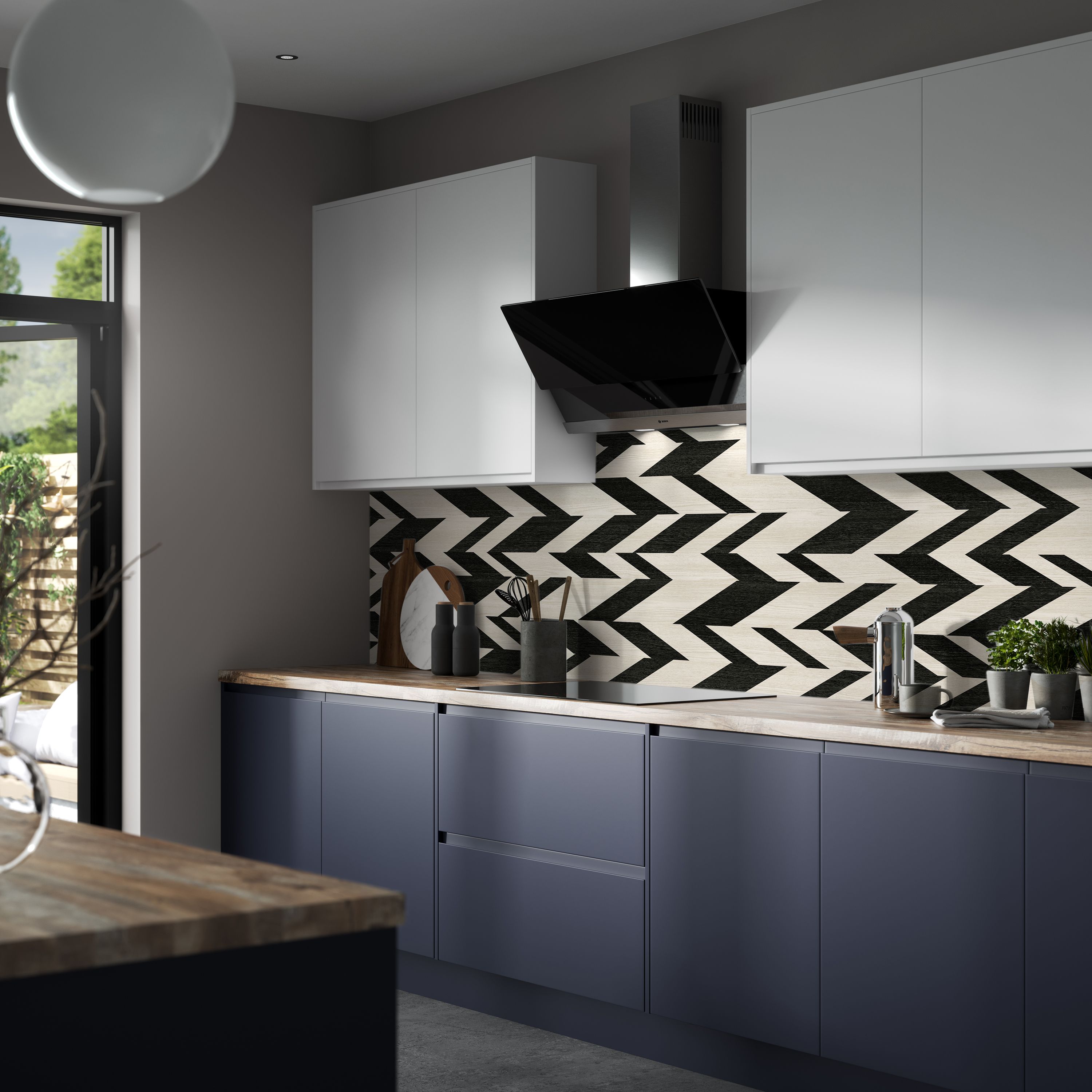 Splashwall Black & Ivory Chevron Wood effect Aluminium Splashback, (H)800mm (W)600mm (T)4mm