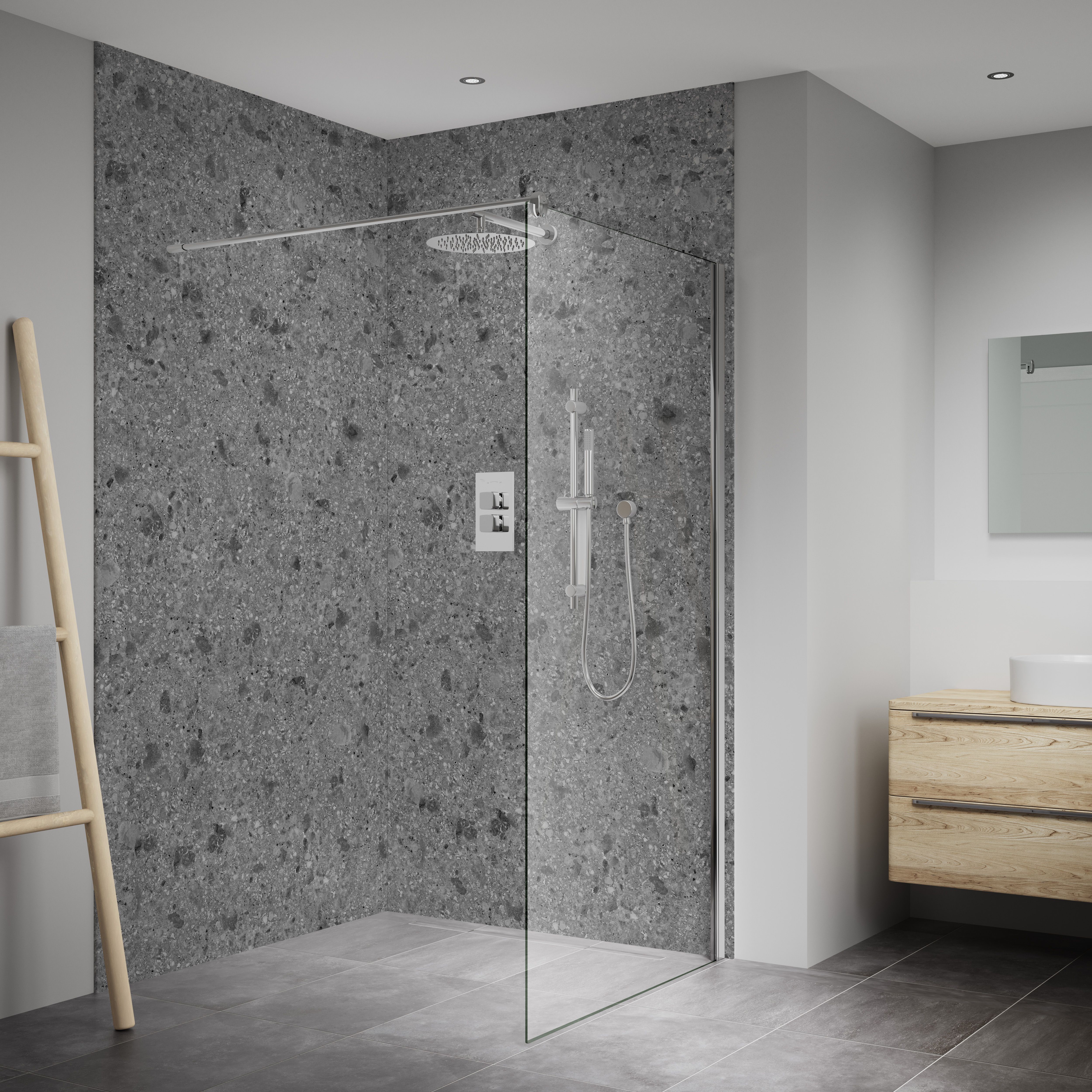 Splashwall Elite 2 panel Composite Bathroom & wet room Decorative panel kit (L)2420mm (W)1200mm - Grey Terrazzo Stone effect