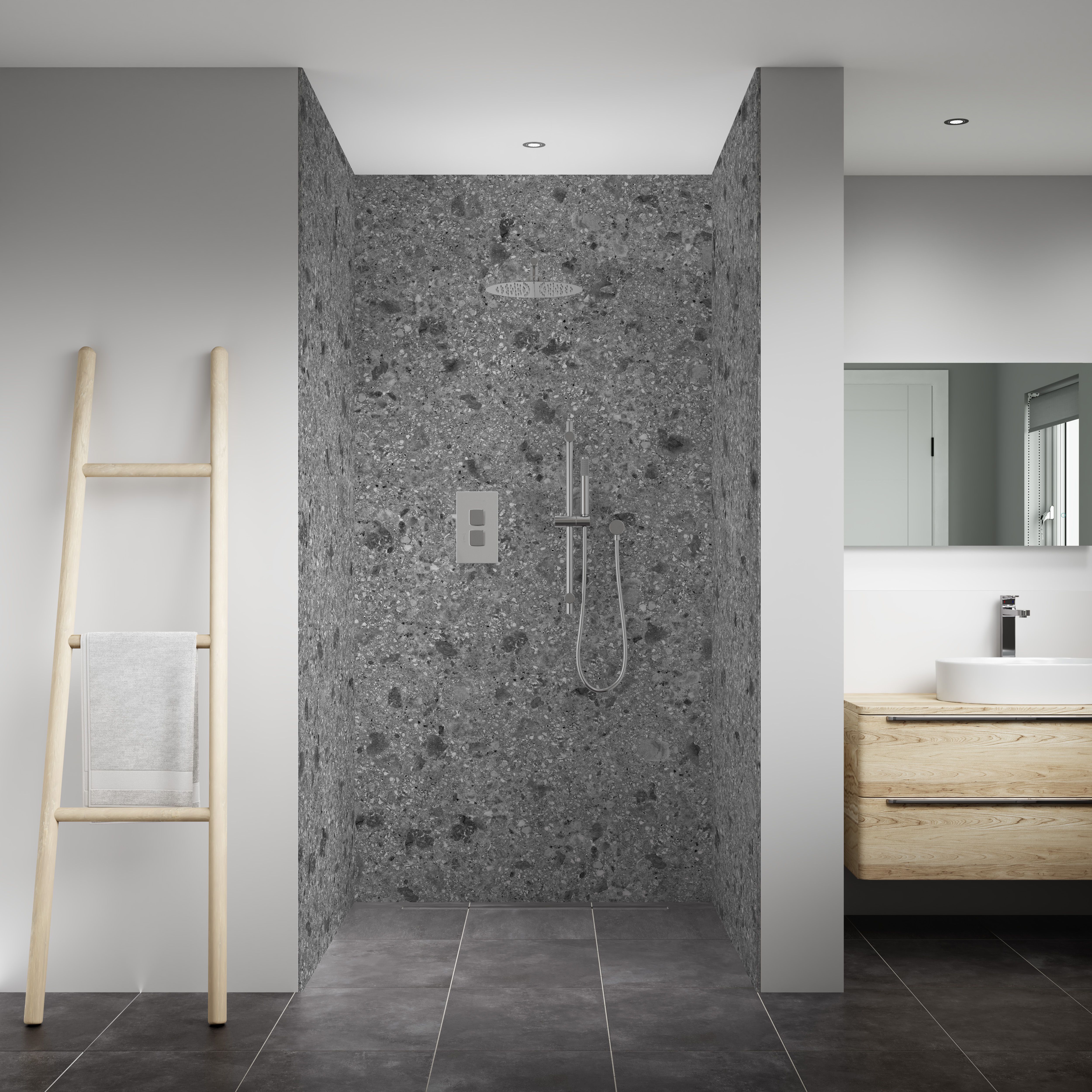 Splashwall Elite 3 panel Composite Bathroom & wet room Decorative panel kit (L)2420mm (W)1200mm - Grey Terrazzo Stone effect