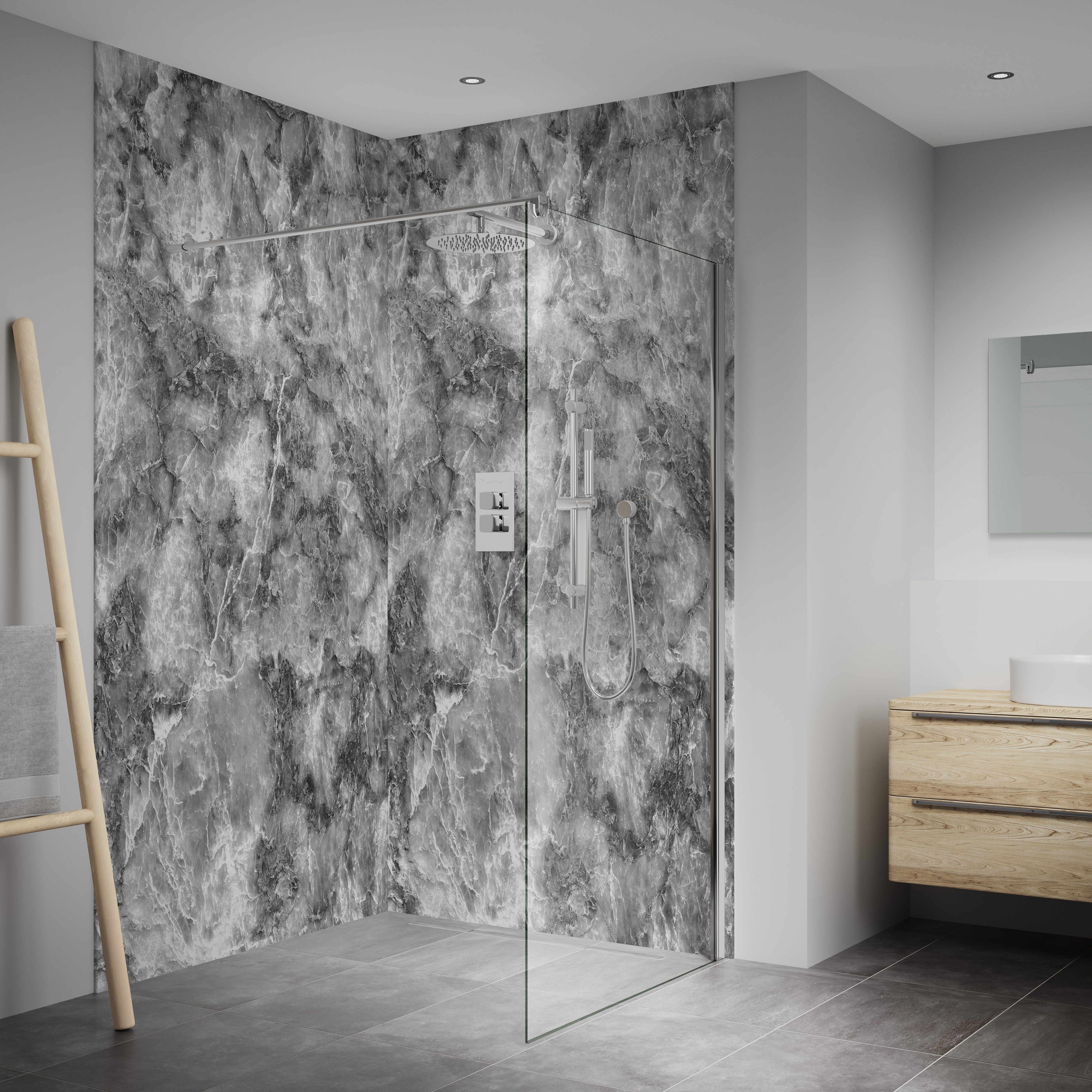 Splashwall Elite Composite Postformed Bathroom & wet room Decorative panel (H)2420mm (W)1200mm - Gloss Onyx Grigio Marble effect