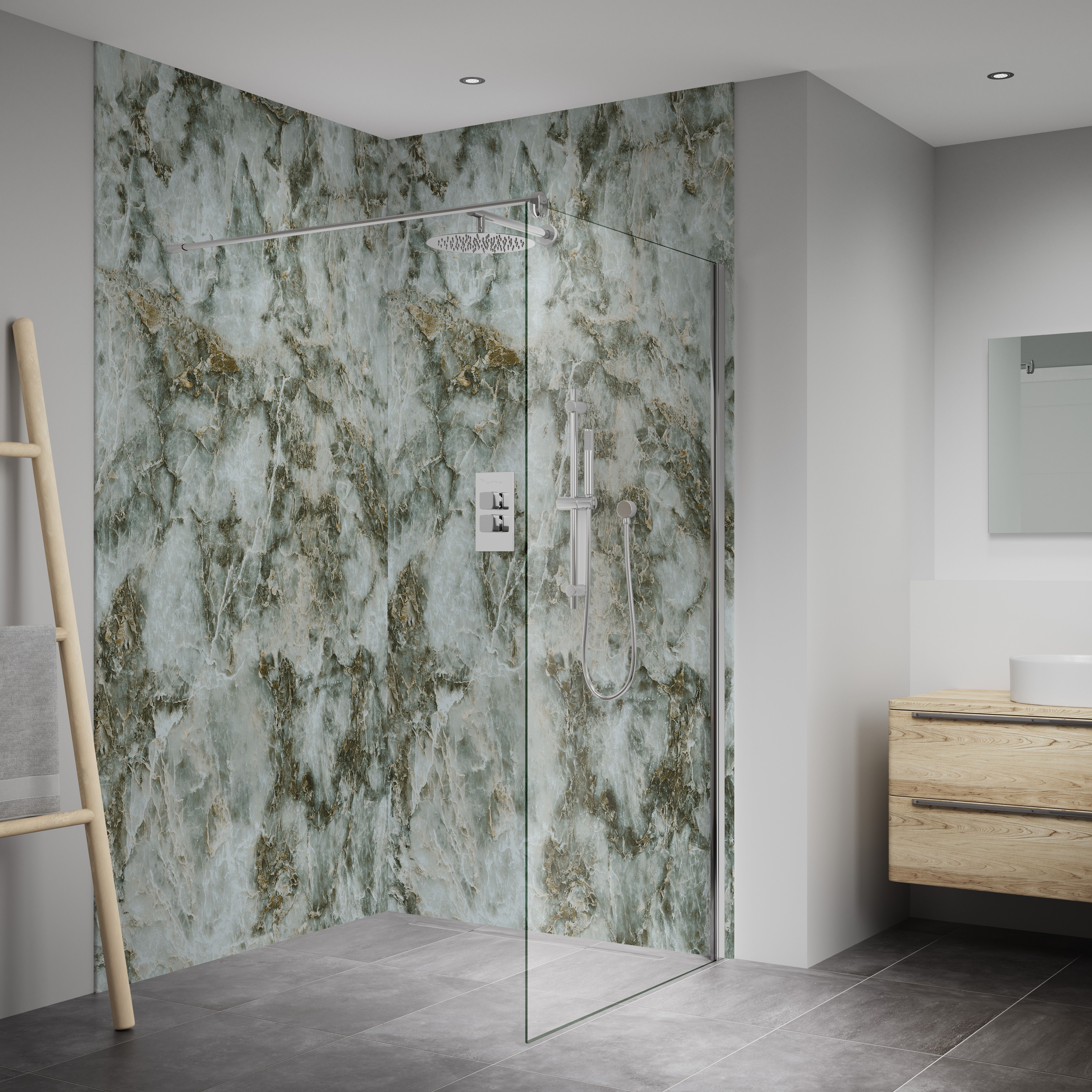 Splashwall Elite Composite Postformed Bathroom & wet room Decorative panel (H)2420mm (W)1200mm - Gloss Onyx Verde Marble effect