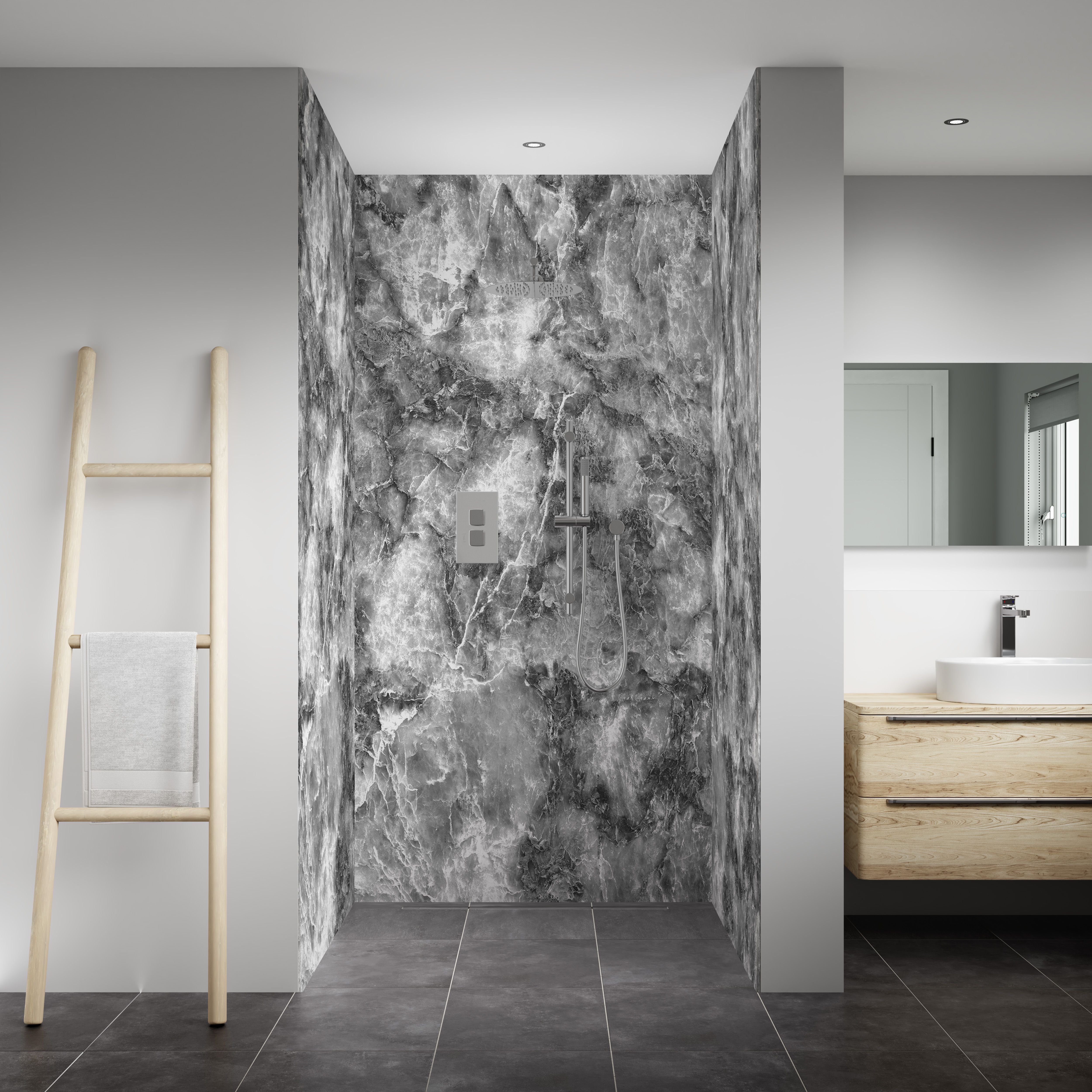 Splashwall Elite Composite Tongue & groove Bathroom & wet room Decorative panel (H)2420mm (W)600mm - Gloss Onyx Grigio Marble effect