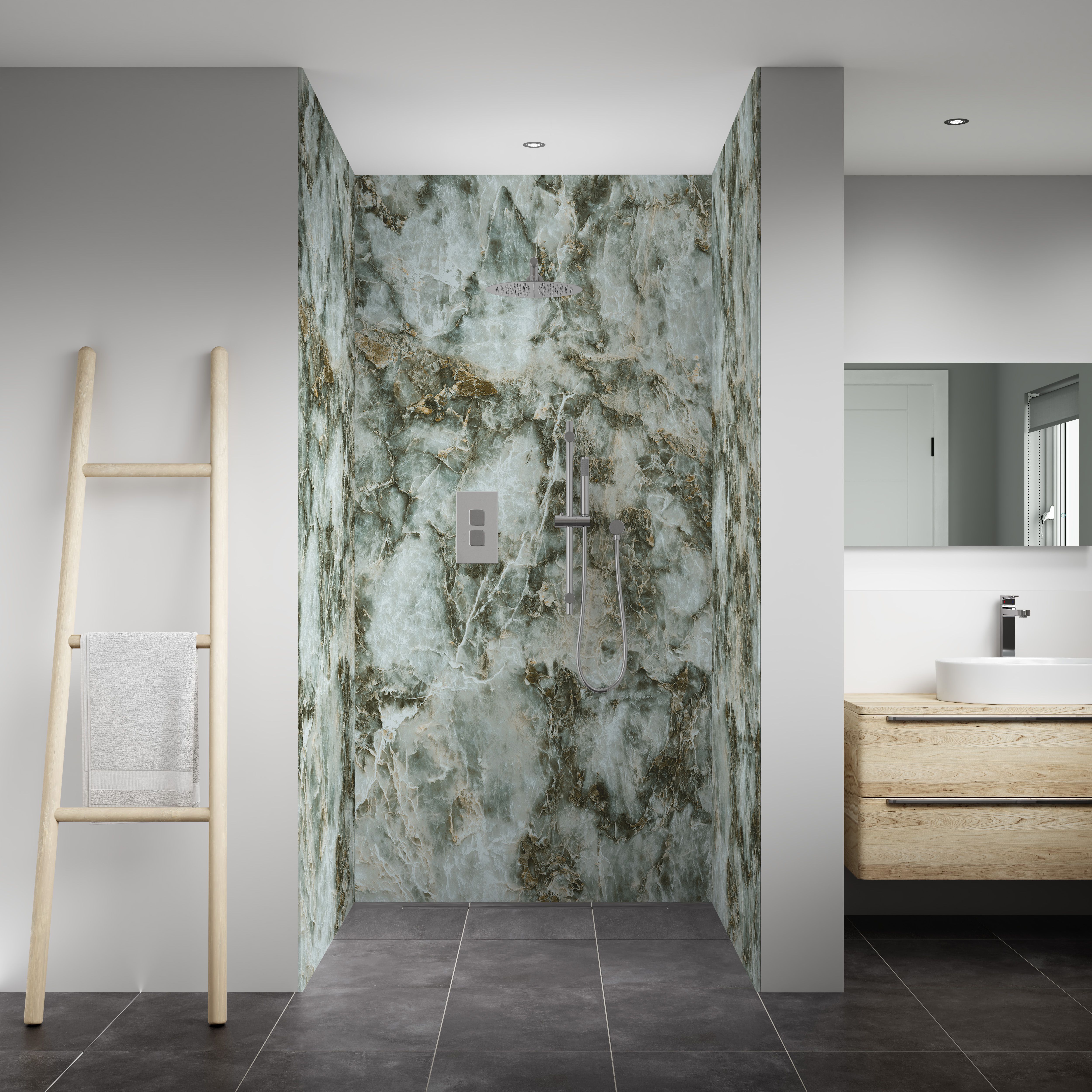 Splashwall Elite Composite Tongue & groove Bathroom & wet room Decorative panel (H)2420mm (W)600mm - Gloss Onyx Verde Marble effect