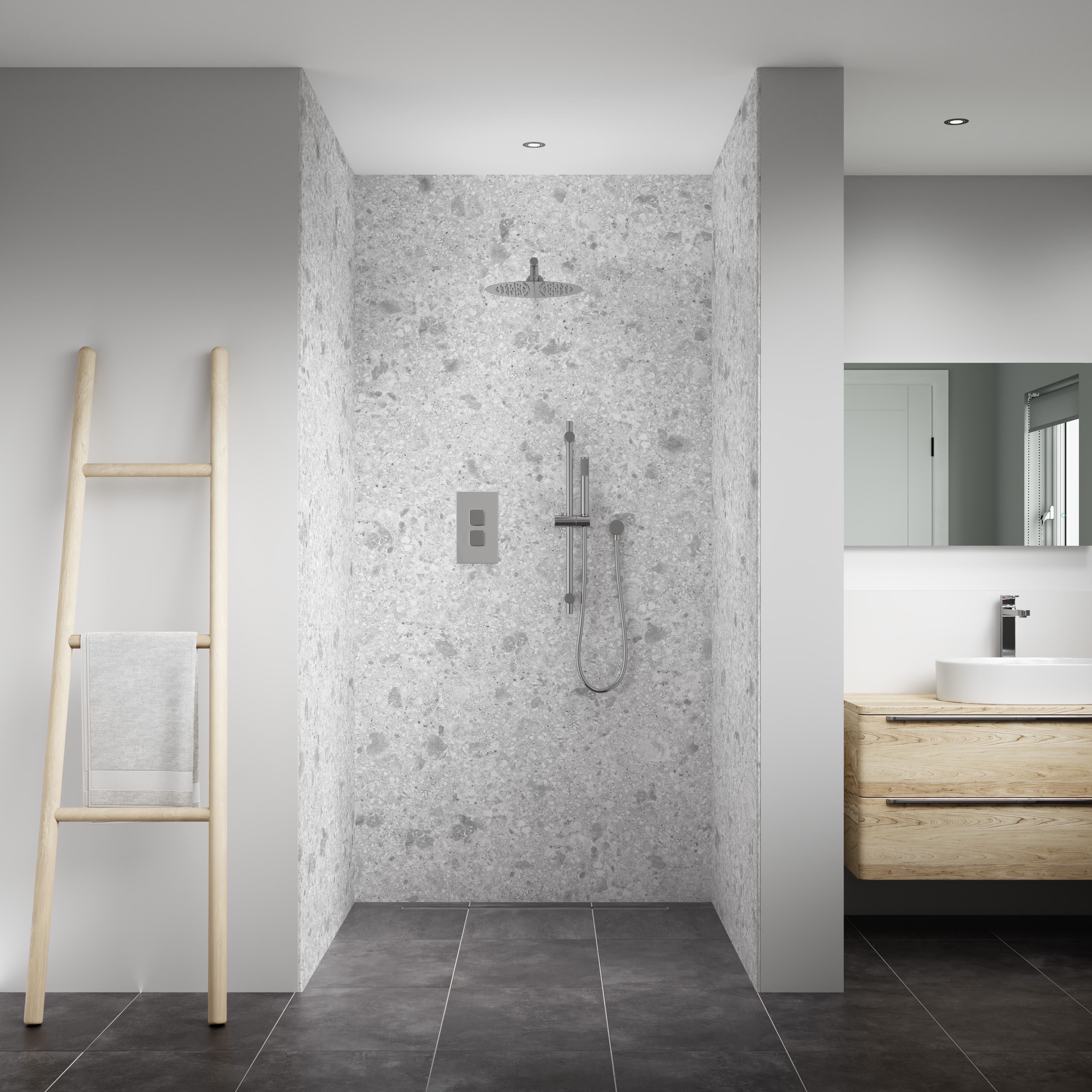 Splashwall Elite Composite Tongue & groove Bathroom & wet room Decorative panel (H)2420mm (W)600mm - Matt Light Grey Terrazzo Stone effect