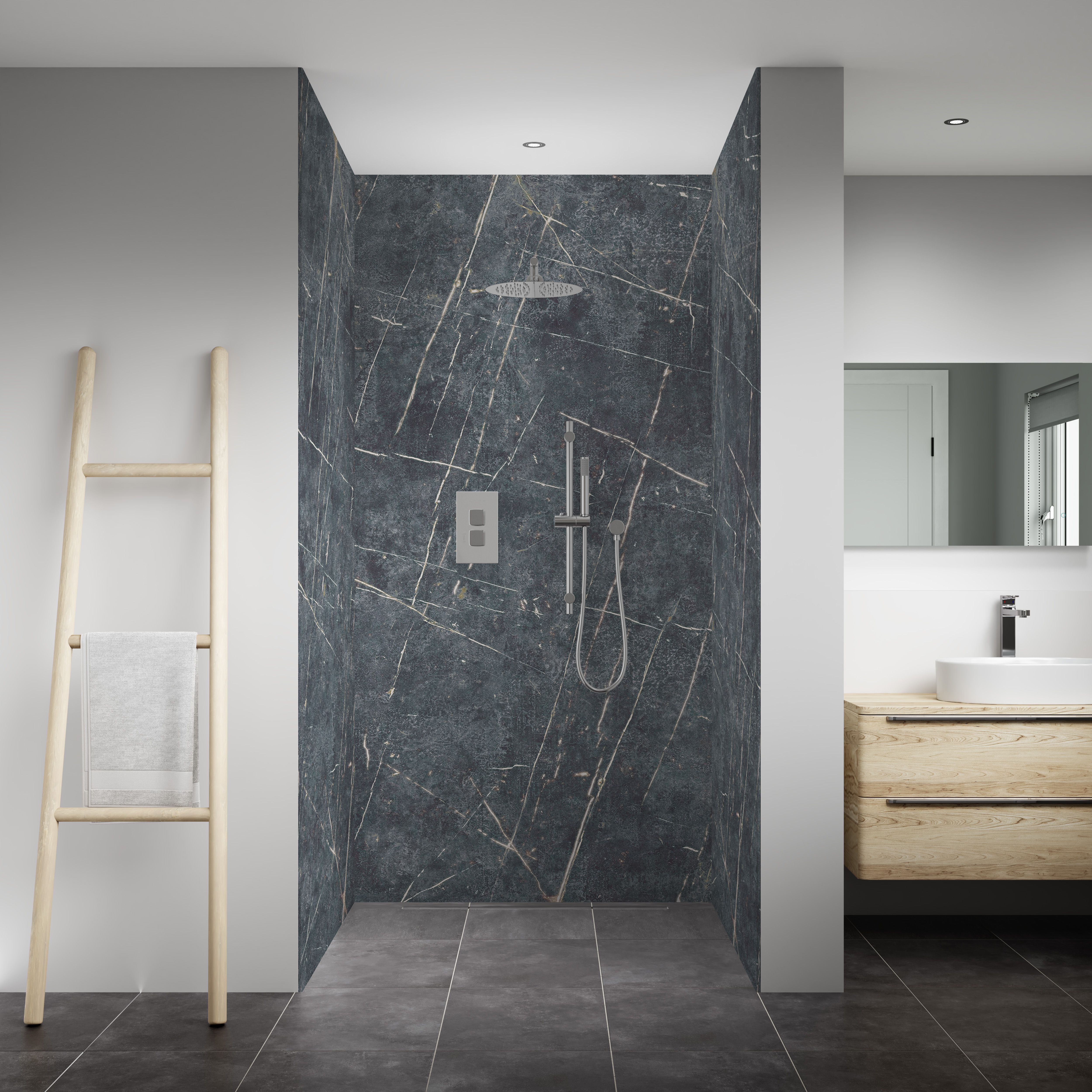 Splashwall Elite Composite Tongue & groove Bathroom & wet room Decorative panel (H)2420mm (W)600mm - Matt Parisien Blue Marble effect