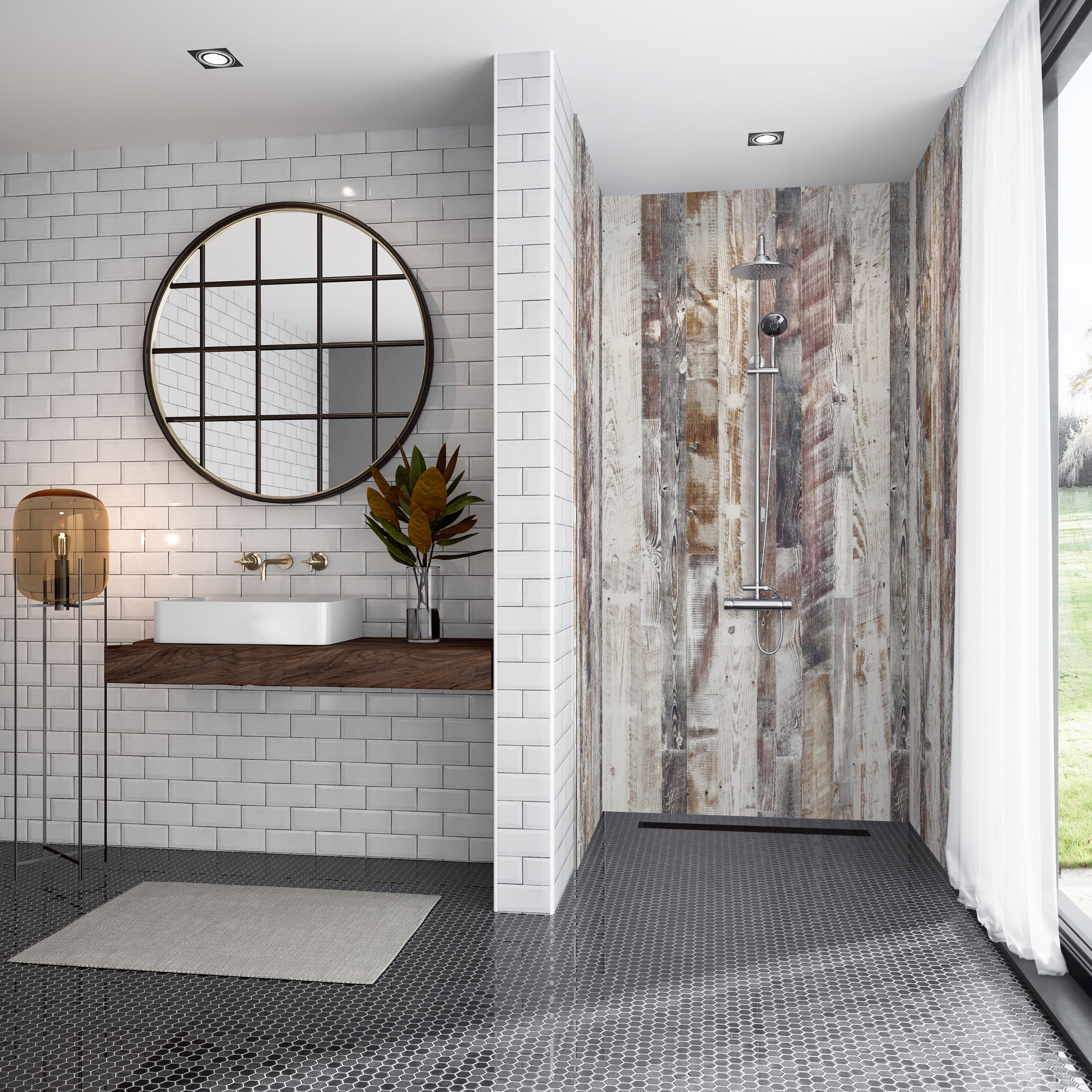 Splashwall Elite Matt Antique limed Pine Post-formed 3 sided Shower Wall panel kit (L)2420mm (W)1200mm (T)11mm