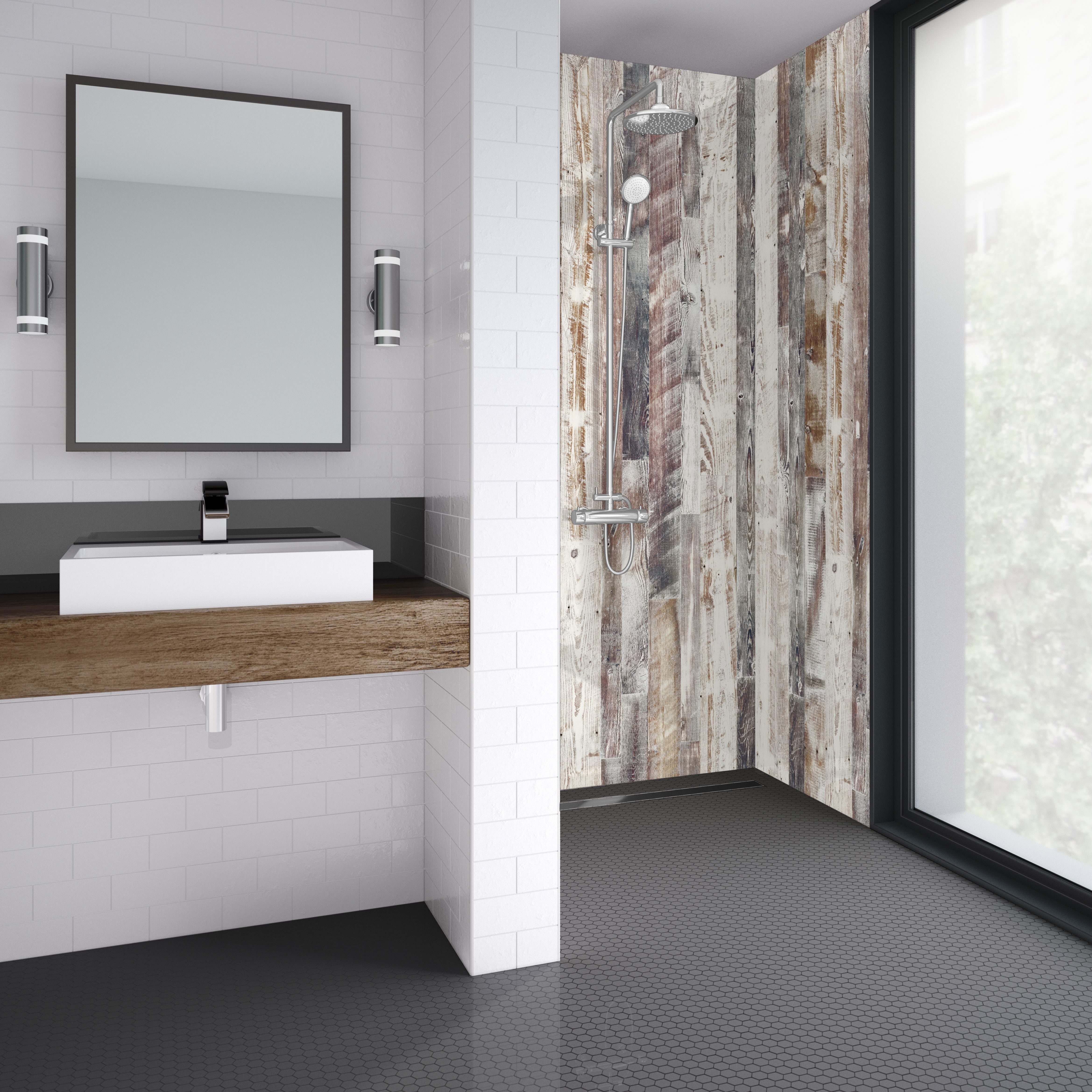 Splashwall Elite Matt Antique limed Pine Shower wall panel (H)242cm (W)120cm (T)1.1cm