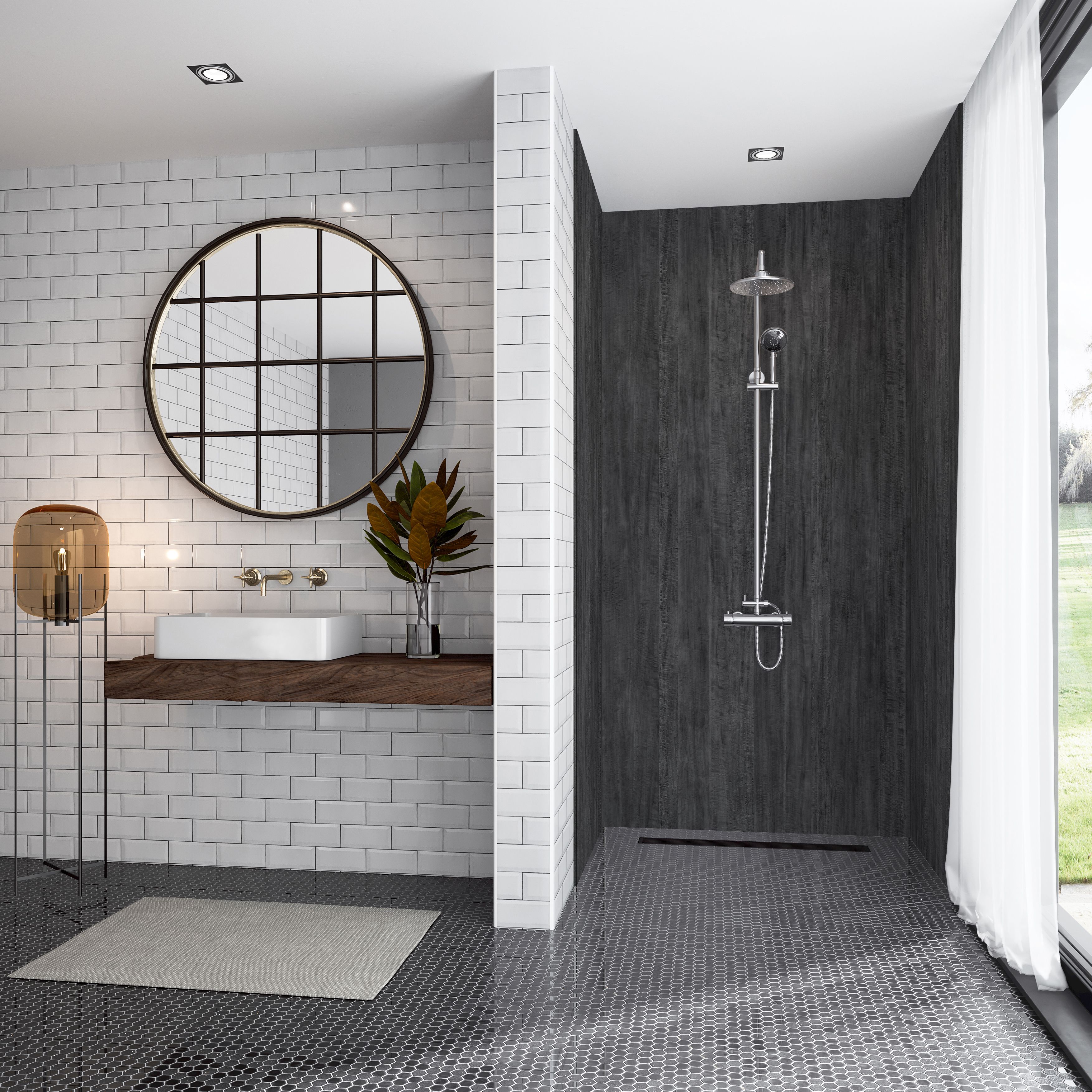 Splashwall Elite Matt Charcoal eucalyptus Post-formed 3 sided Shower Wall panel kit (L)2420mm (W)1200mm (T)11mm