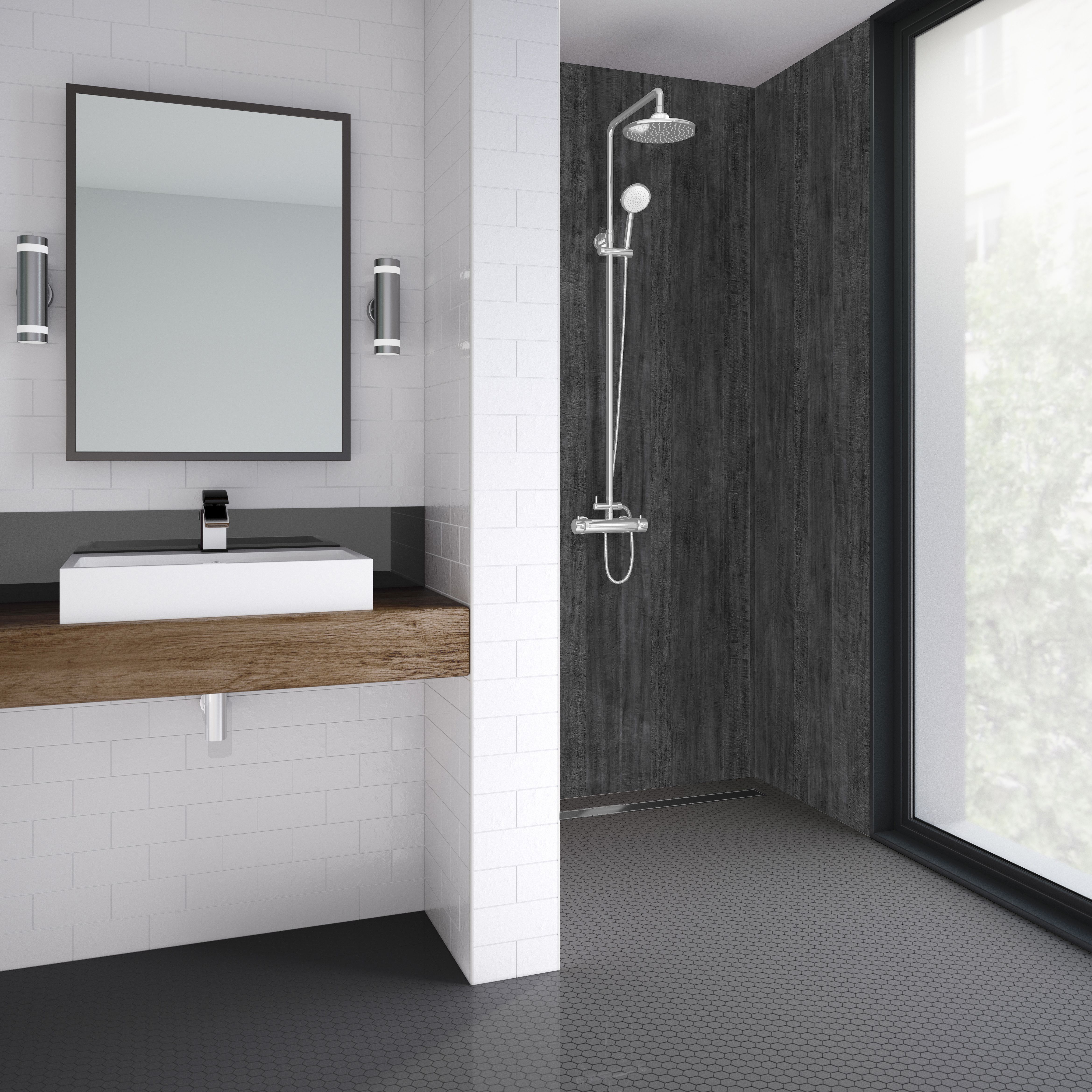 Splashwall Elite Matt Charcoal eucalyptus Tongue & groove Shower wall panel (H)242cm (W)120cm (T)1.1cm