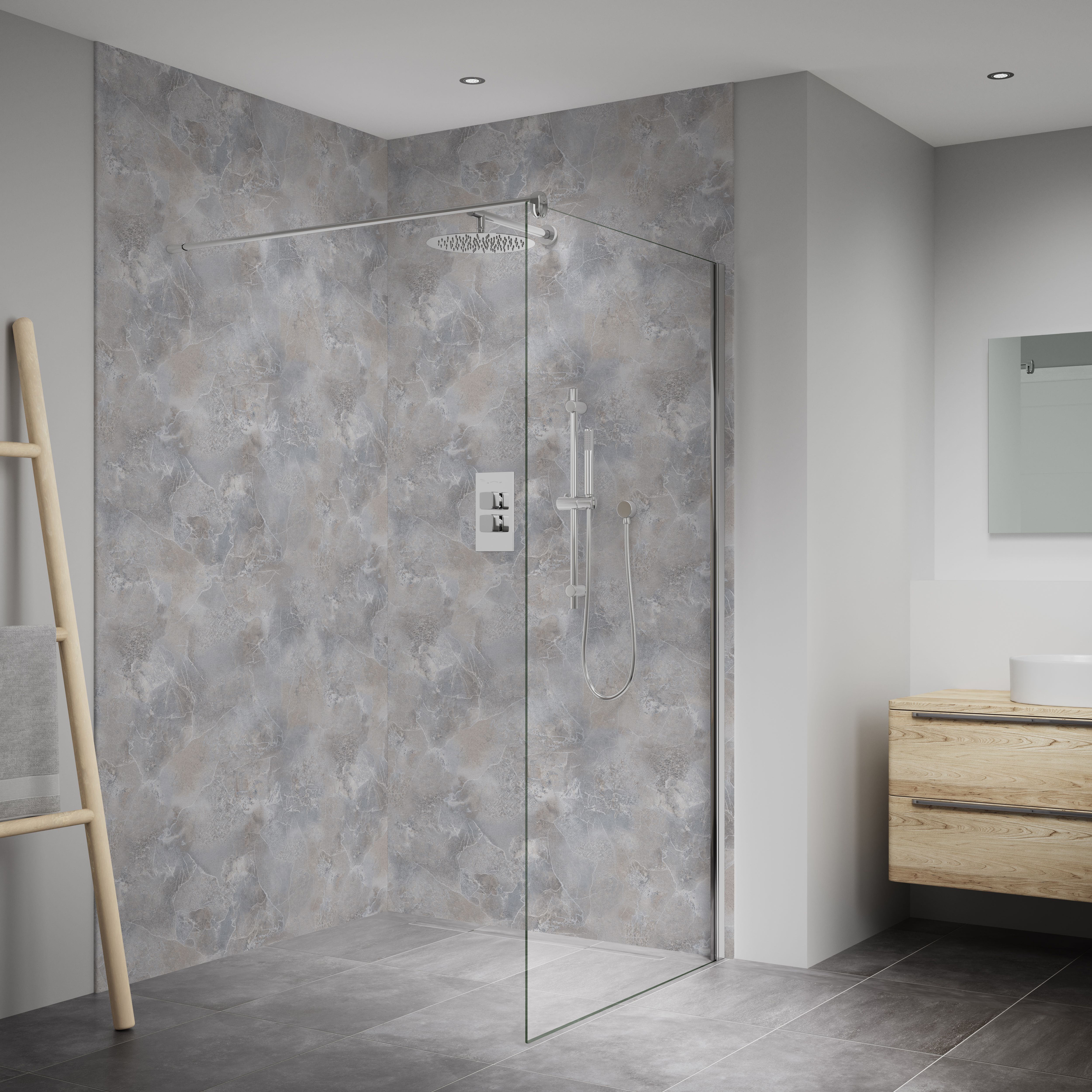 Splashwall Elite Matt Grey Silver effect Fixed Tongue & groove Shower wall panel (H)242cm (W)120cm (T)1cm