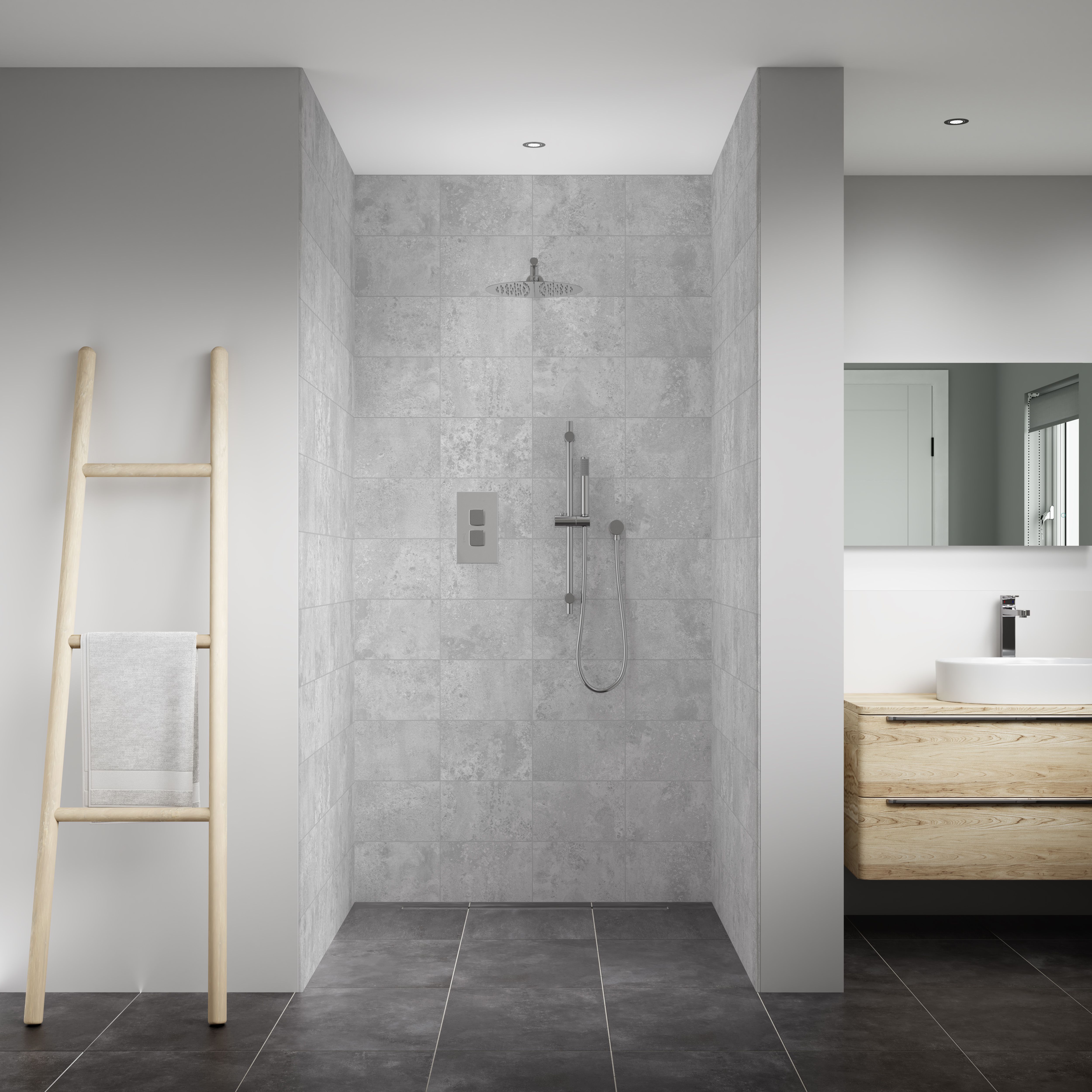 Splashwall Elite Matt Light grey Tile effect 3 sided Shower Wall panel kit (L)2420mm (W)1200mm (T)11mm