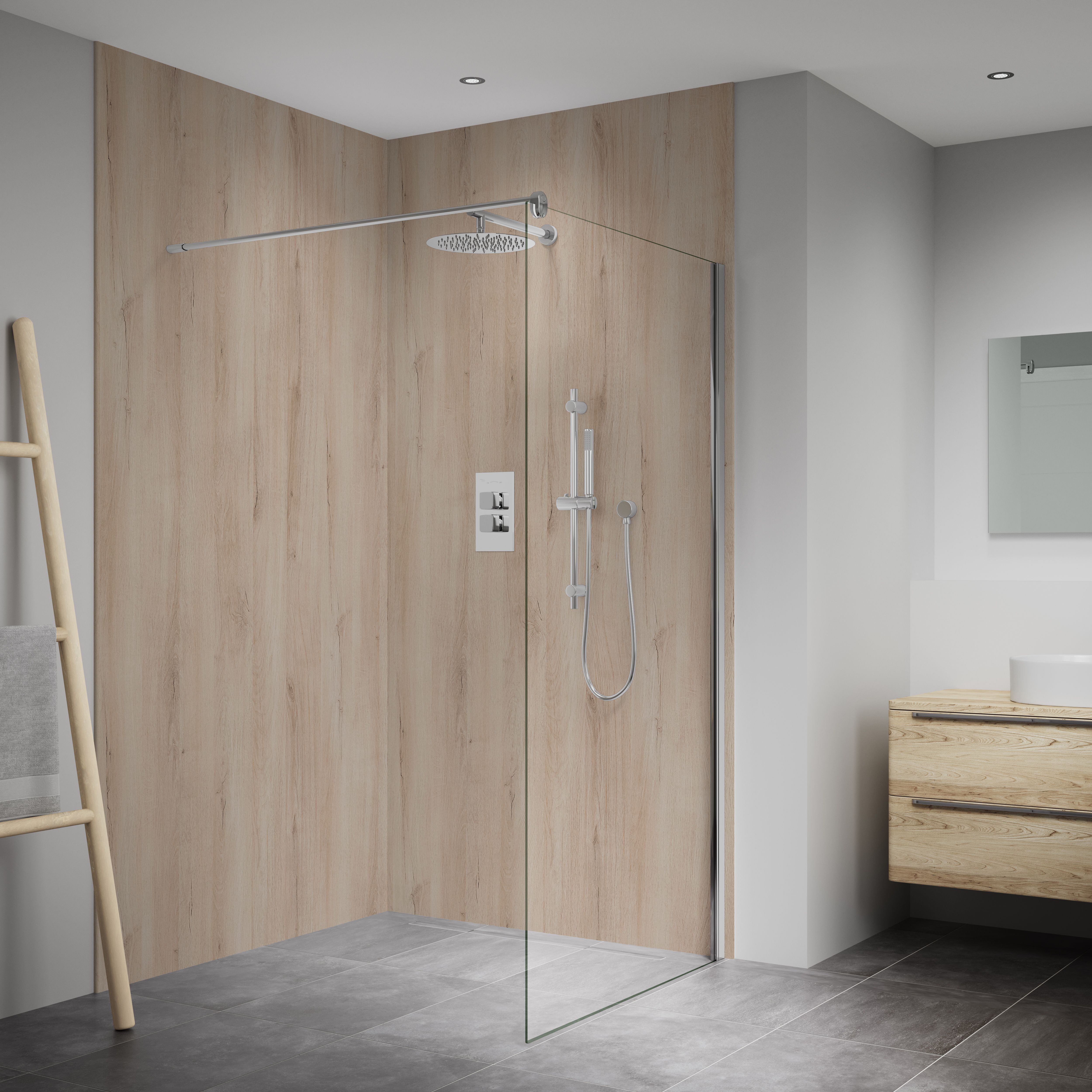 Splashwall Elite Matt Light oak brown Fixed Tongue & groove Shower wall panel (H)242cm (W)120cm (T)1cm