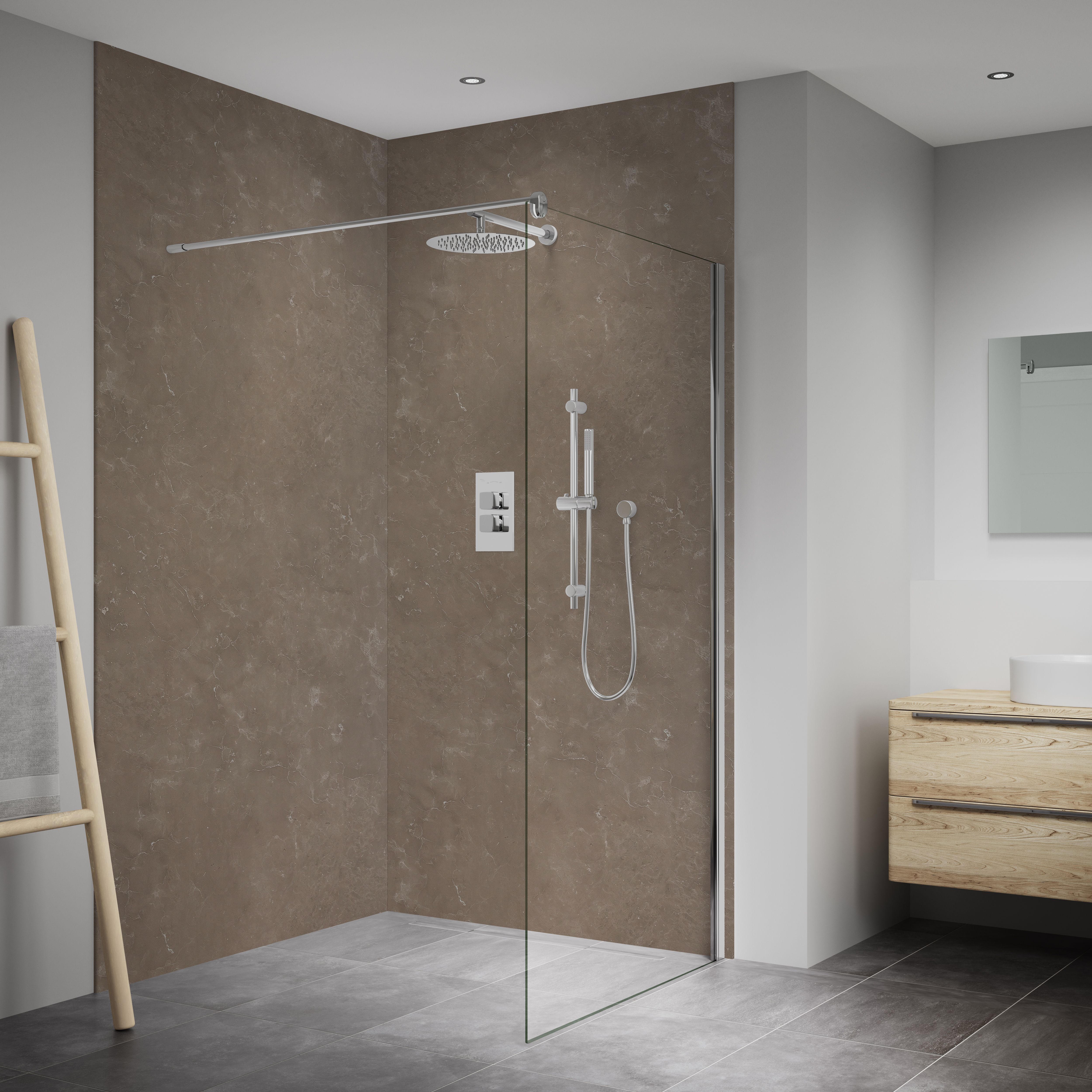 Splashwall Elite Matt Mocha Marble effect Fixed Tongue & groove Shower wall panel (H)242cm (W)60cm (T)1cm