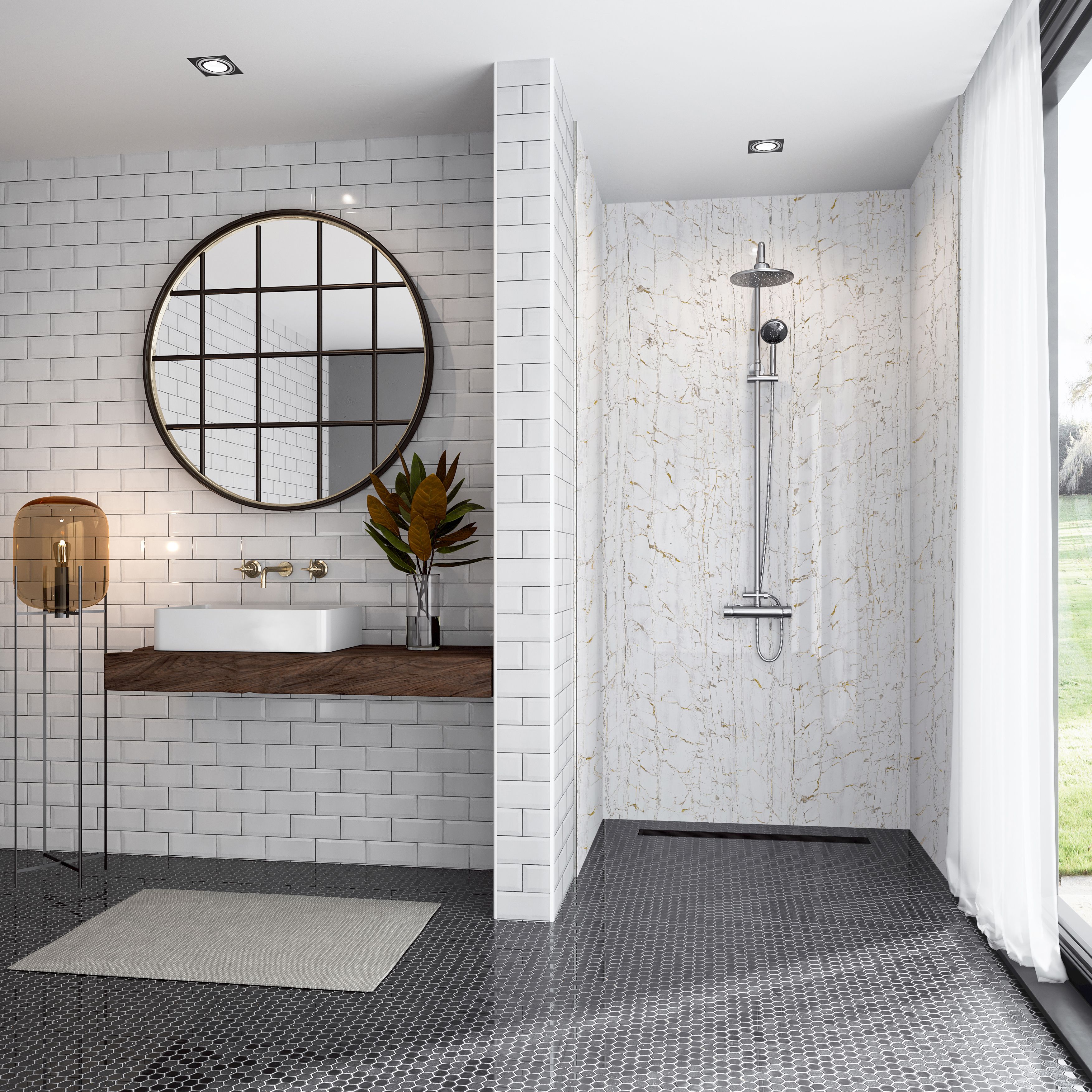 Splashwall Elite Matt Nero port bianco Post-formed 3 sided Shower Wall panel kit (L)2420mm (W)1200mm (T)11mm