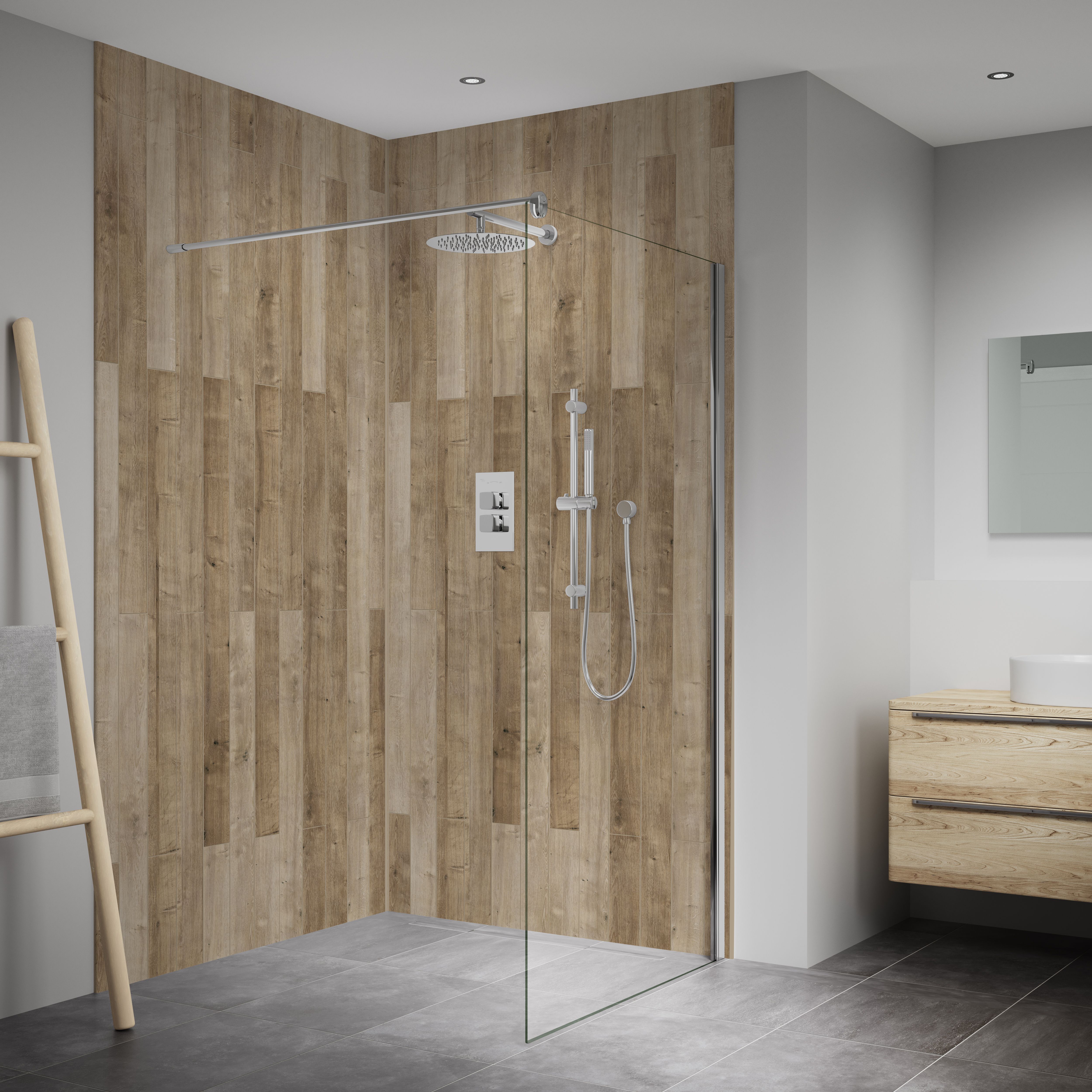 Splashwall Elite Matt Salcey brown Fixed Tongue & groove Shower wall panel (H)242cm (W)60cm (T)1cm