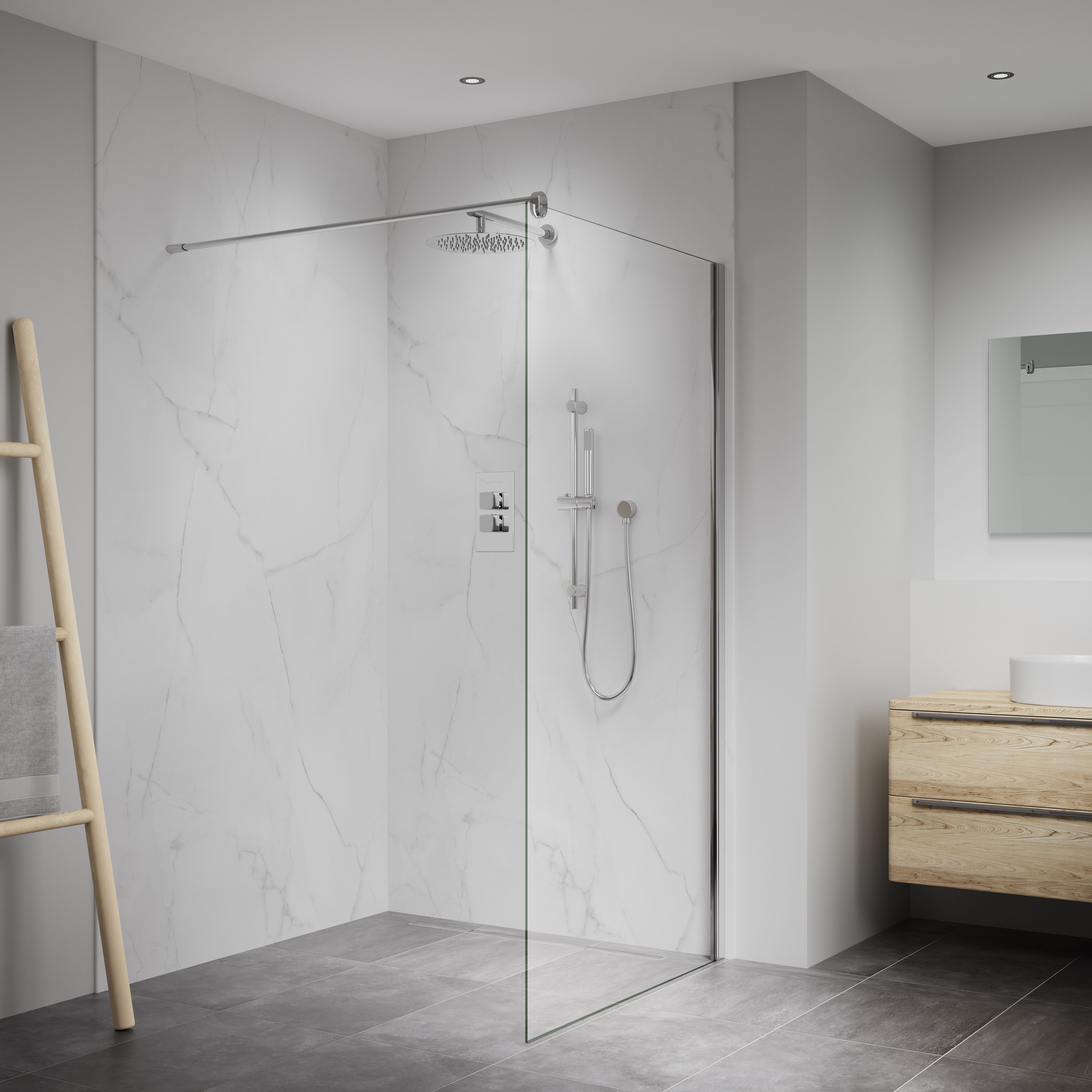 Splashwall Elite Matt White frost Marble effect Fixed Post formed Shower wall panel (H)242cm (W)120cm (T)1cm