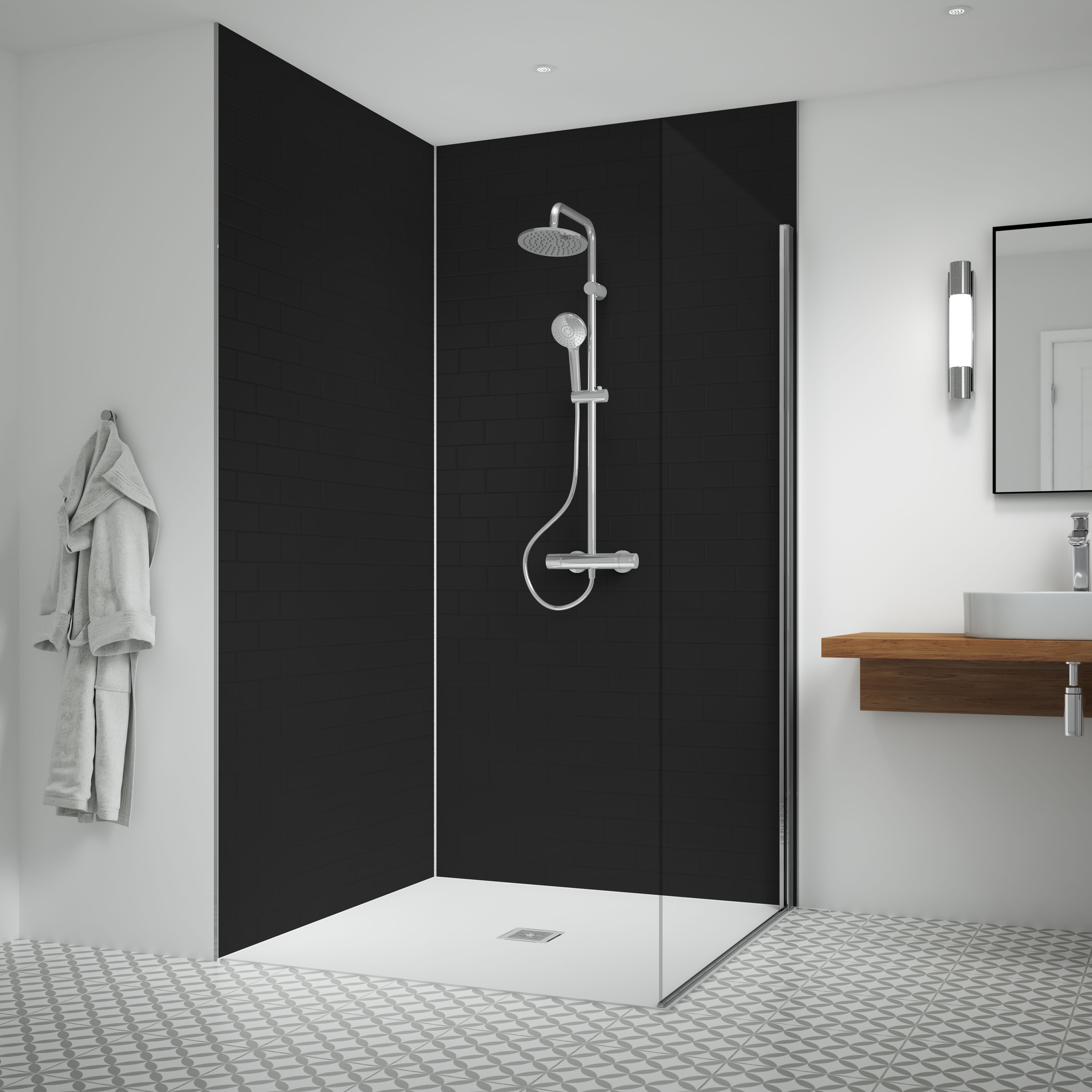 Splashwall Gloss Black Straight 2 sided Shower Panel kit (L)2440mm (W)1220mm (T)11mm
