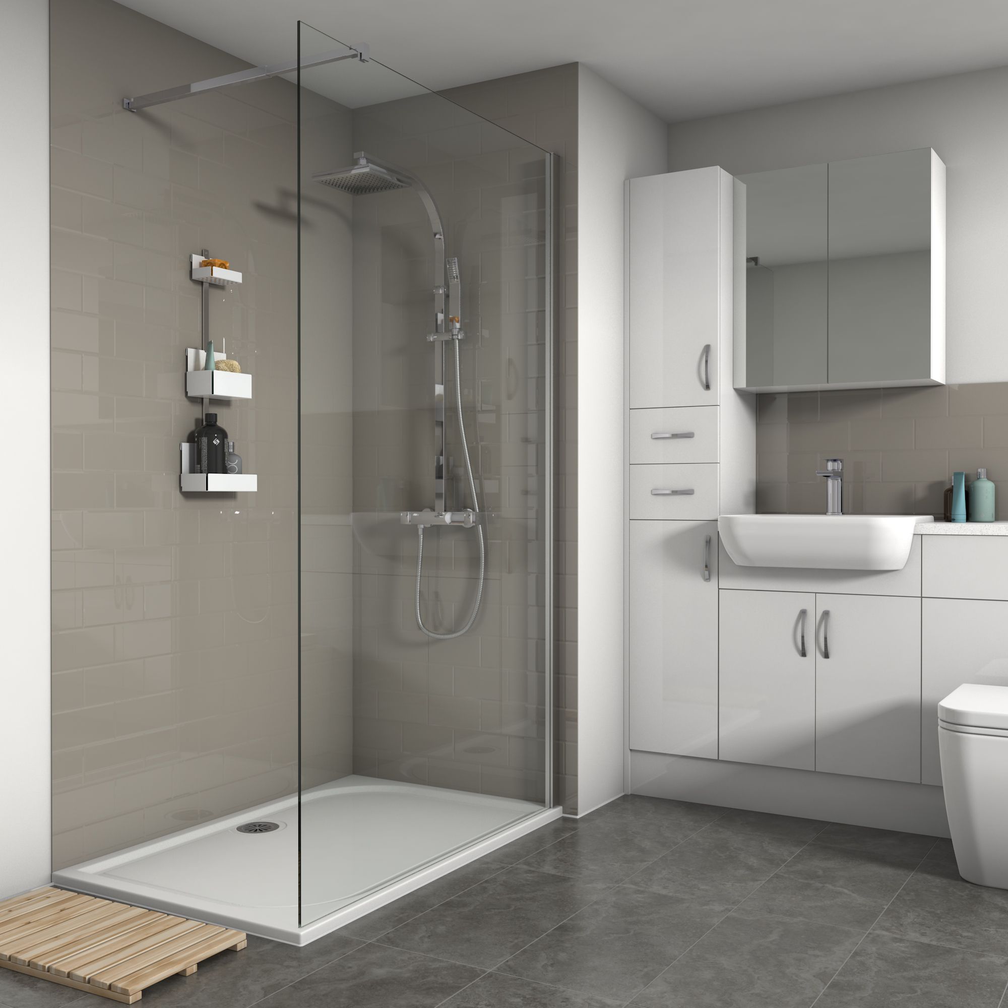 Splashwall Gloss Coffee Tile effect 3 sided Shower Panel kit (L)2420mm (W)1200mm (T)3mm