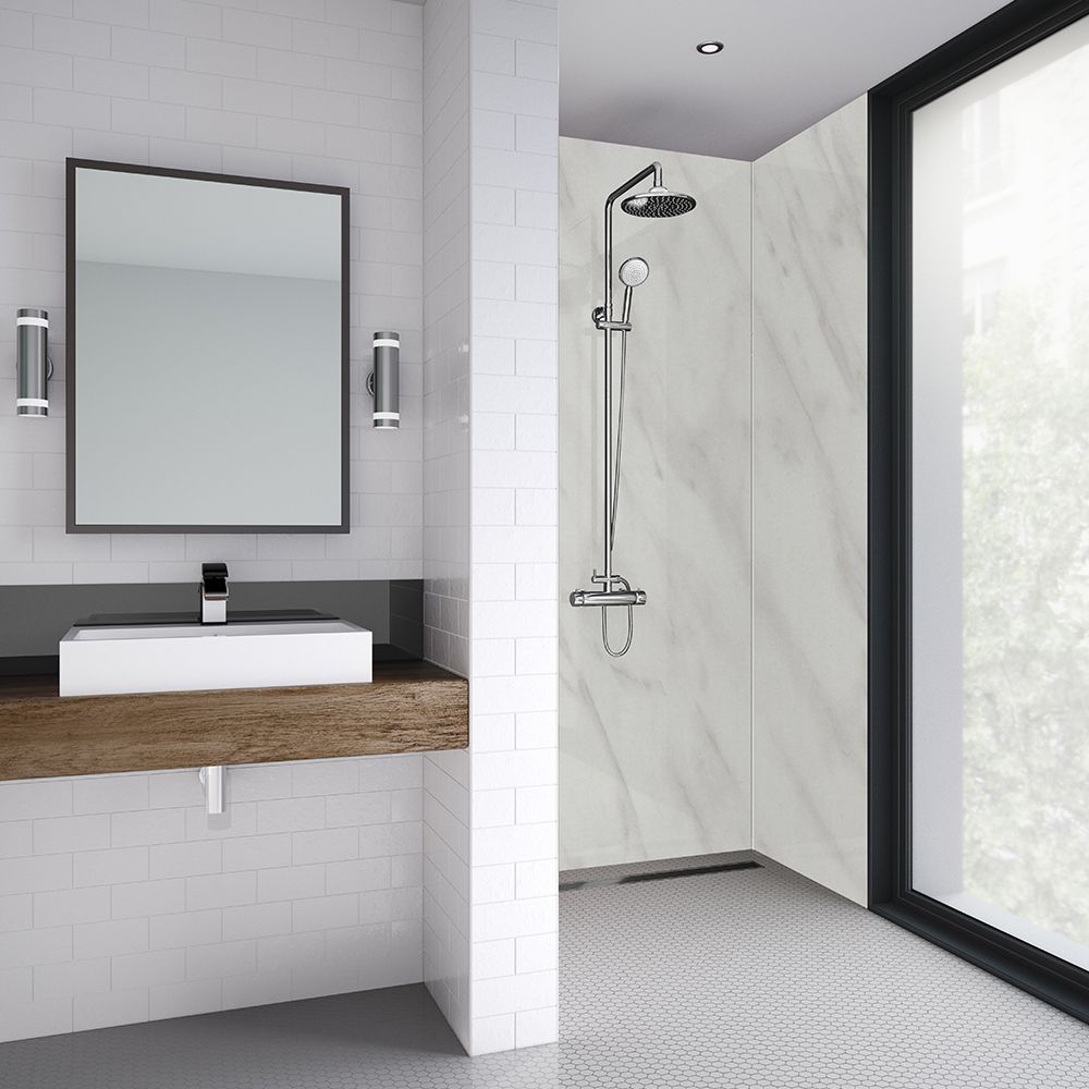 Splashwall Impressions Gloss Carrara Clean cut 3 sided Shower Panel kit (L)2420mm (W)1200mm (T)11mm