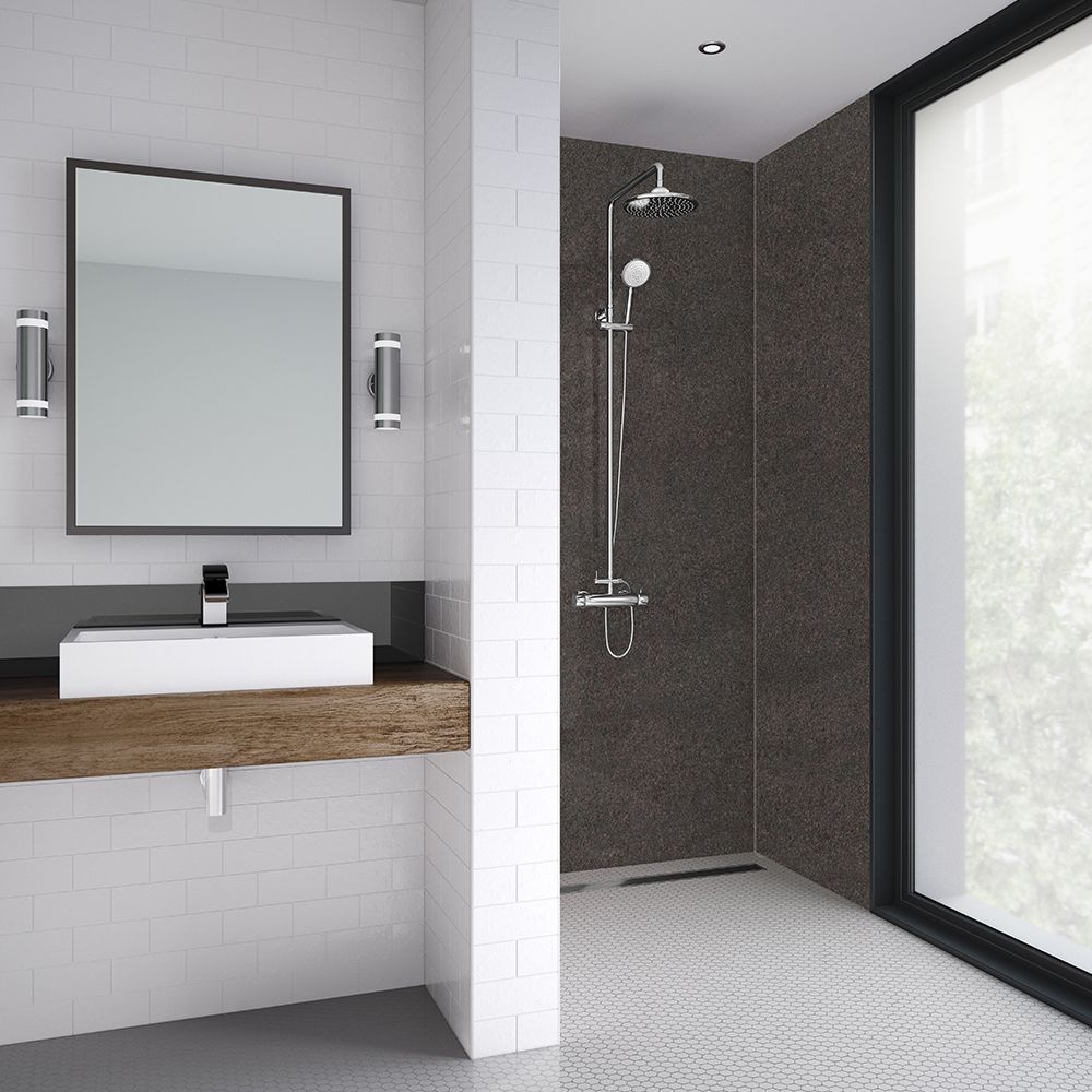 Splashwall Impressions Volcanic sand Clean cut 3 sided Shower Panel kit (L)2420mm (W)1200mm (T)11mm