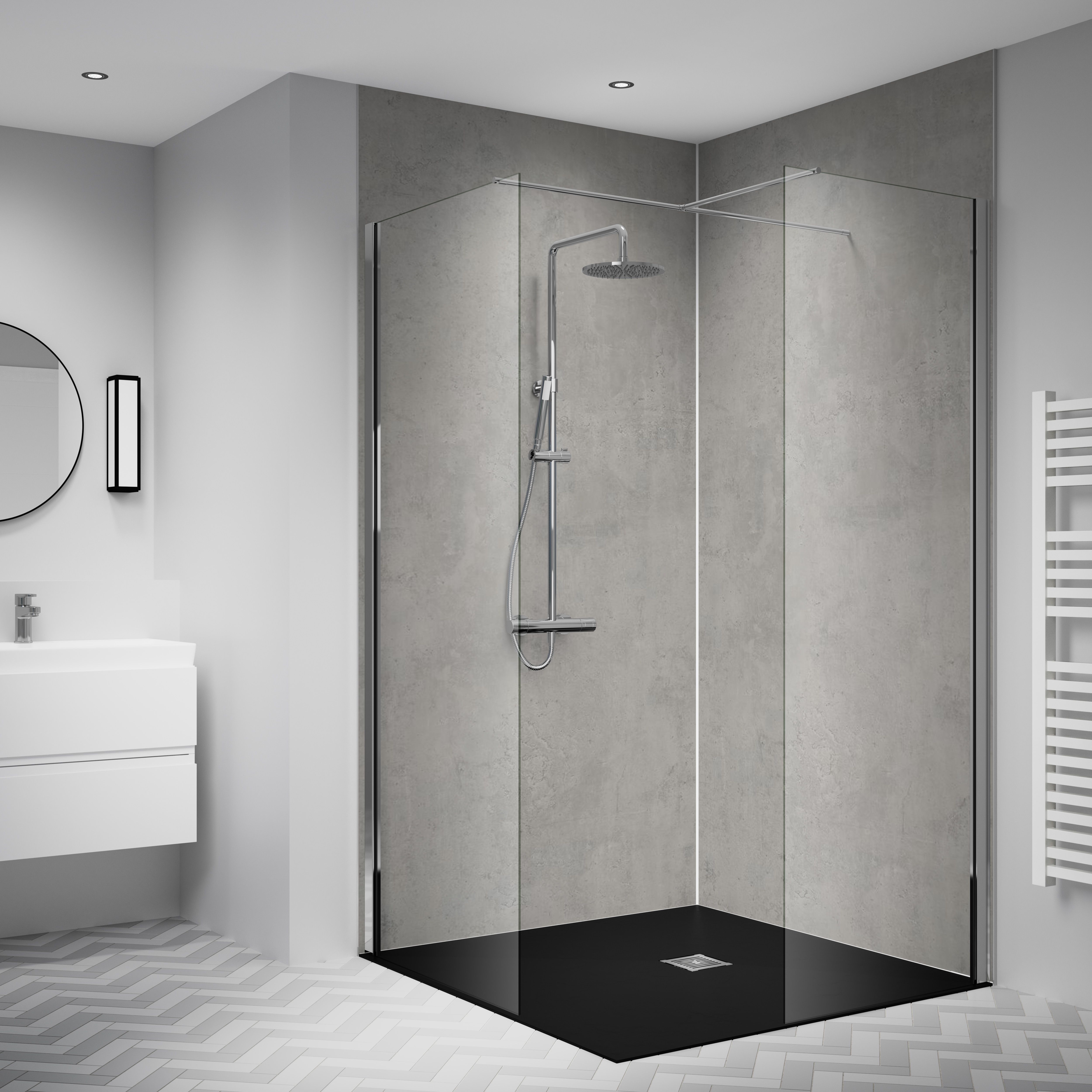 Splashwall Laminate Tongue & groove Bathroom & wet room Decorative panel (H)2420mm (W)1200mm - Matt Ciment Brut Stone effect