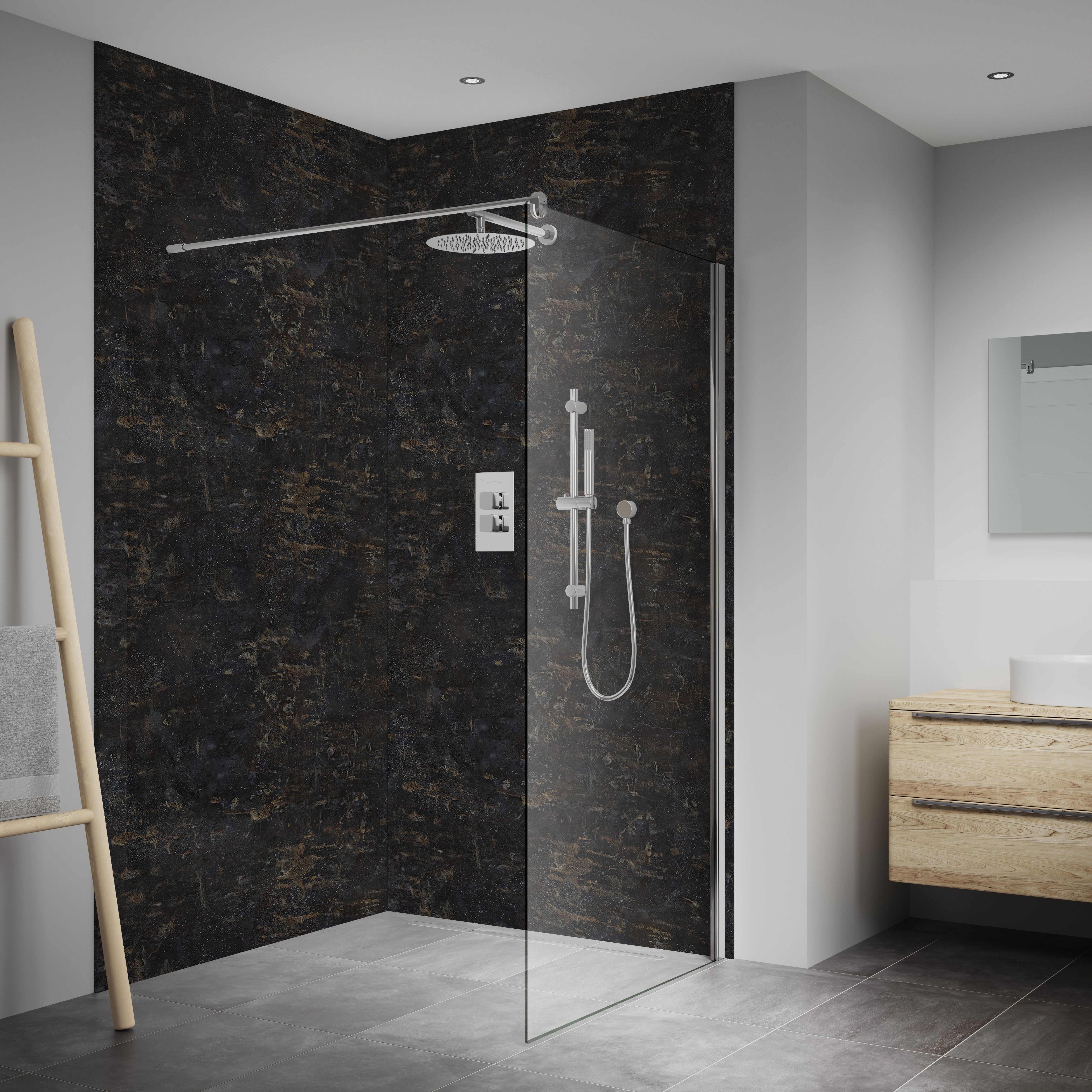 Splashwall Laminate Tongue & groove Bathroom & wet room Decorative panel (H)2420mm (W)1200mm - Matt Cosmos Stone effect