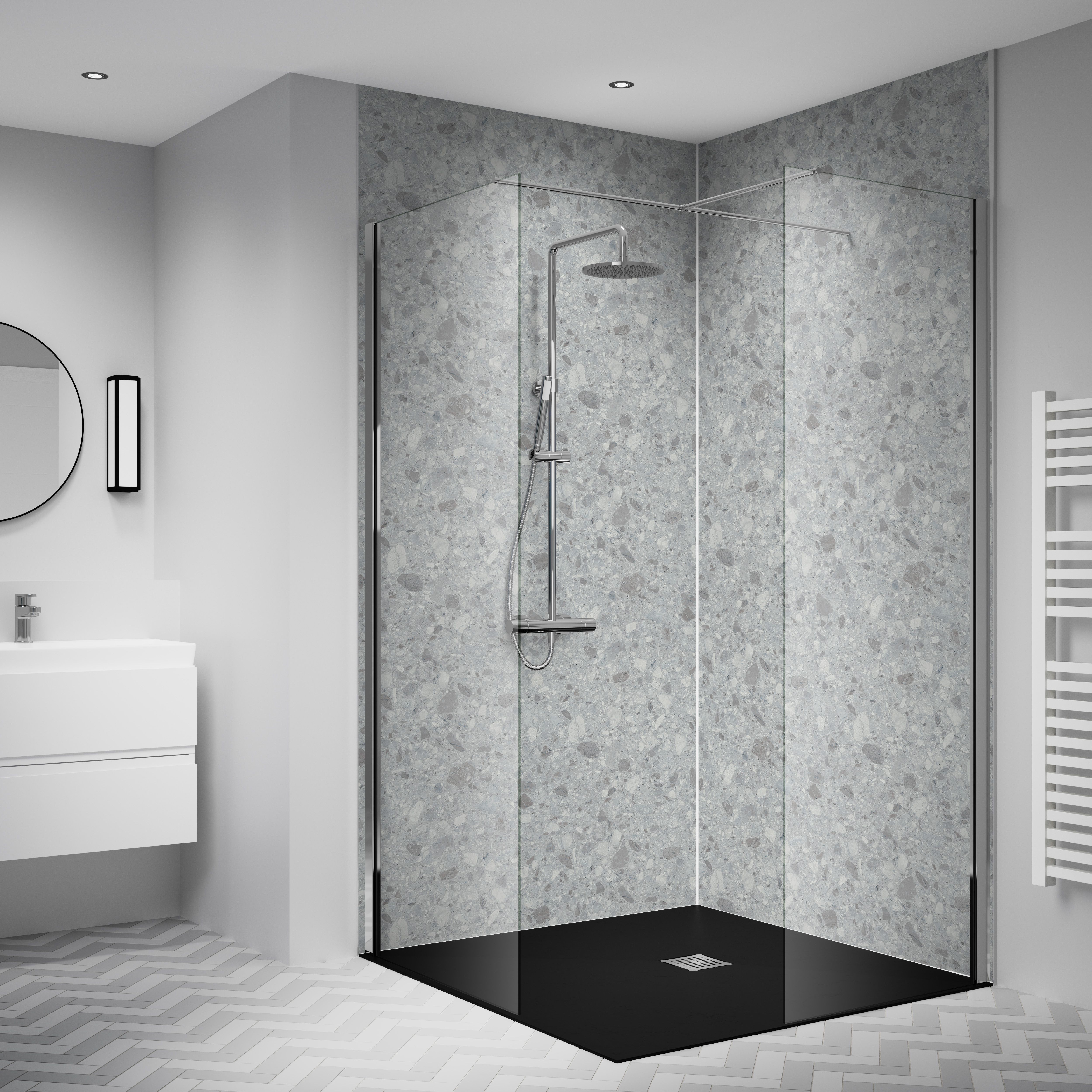 Splashwall Laminate Tongue & groove Bathroom & wet room Decorative panel (H)2420mm (W)1200mm - Matt Nuvolento Terrazzo Stone effect