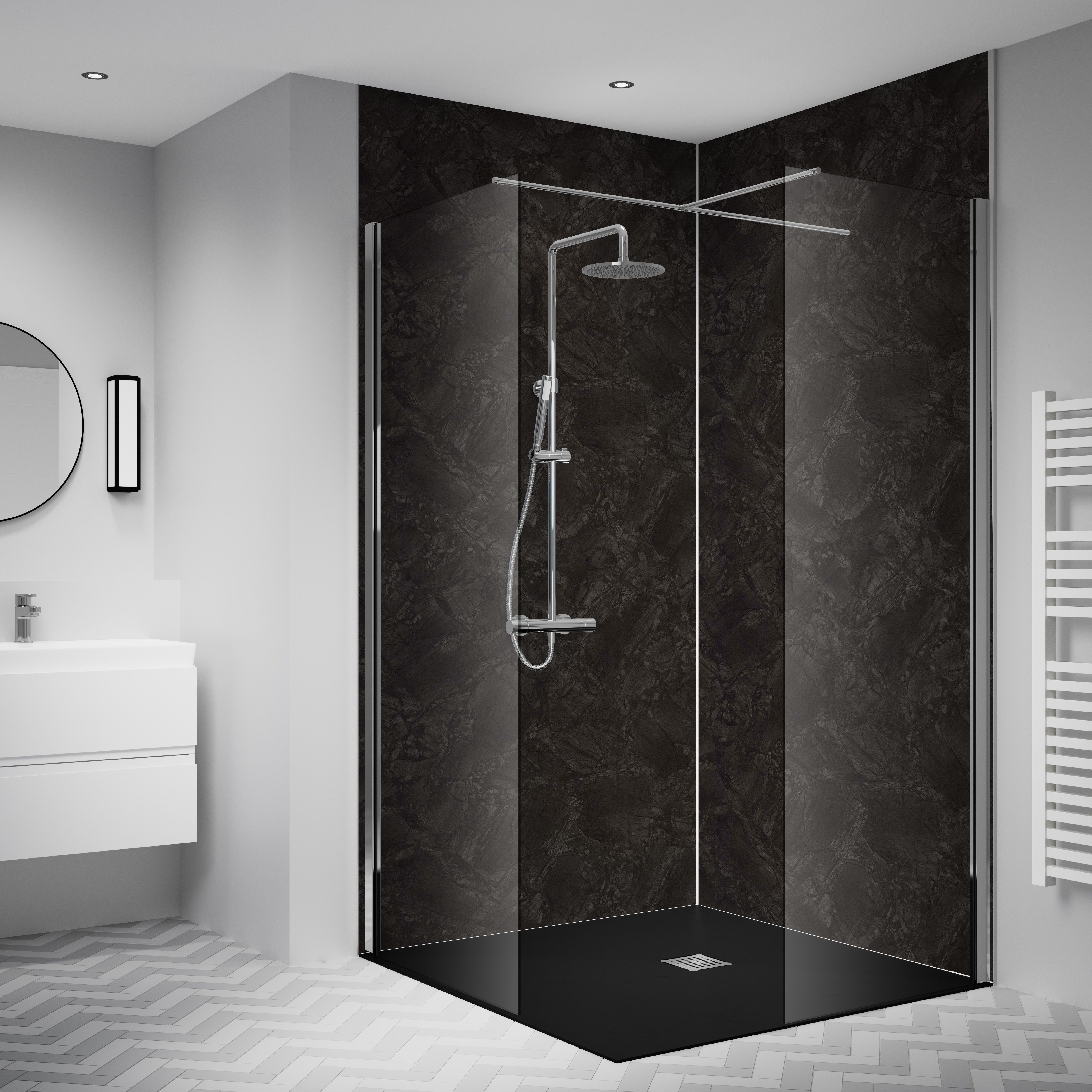Splashwall Laminate Tongue & groove Bathroom & wet room Decorative panel (H)2420mm (W)1200mm - Matt Raja Black Stone effect