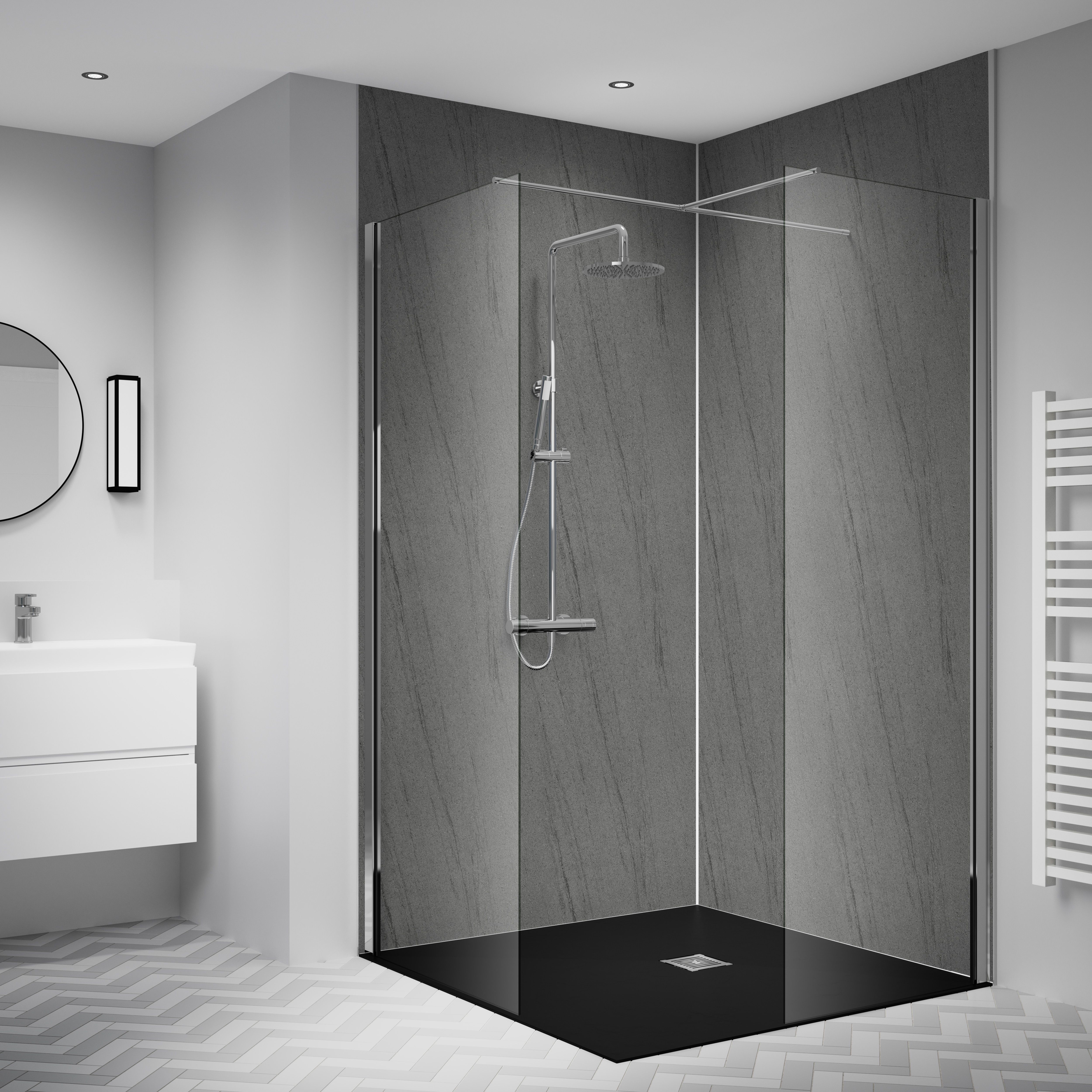 Splashwall Laminate Tongue & groove Bathroom & wet room Decorative panel (H)2420mm (W)1200mm - Matt Silver Granite Stone effect