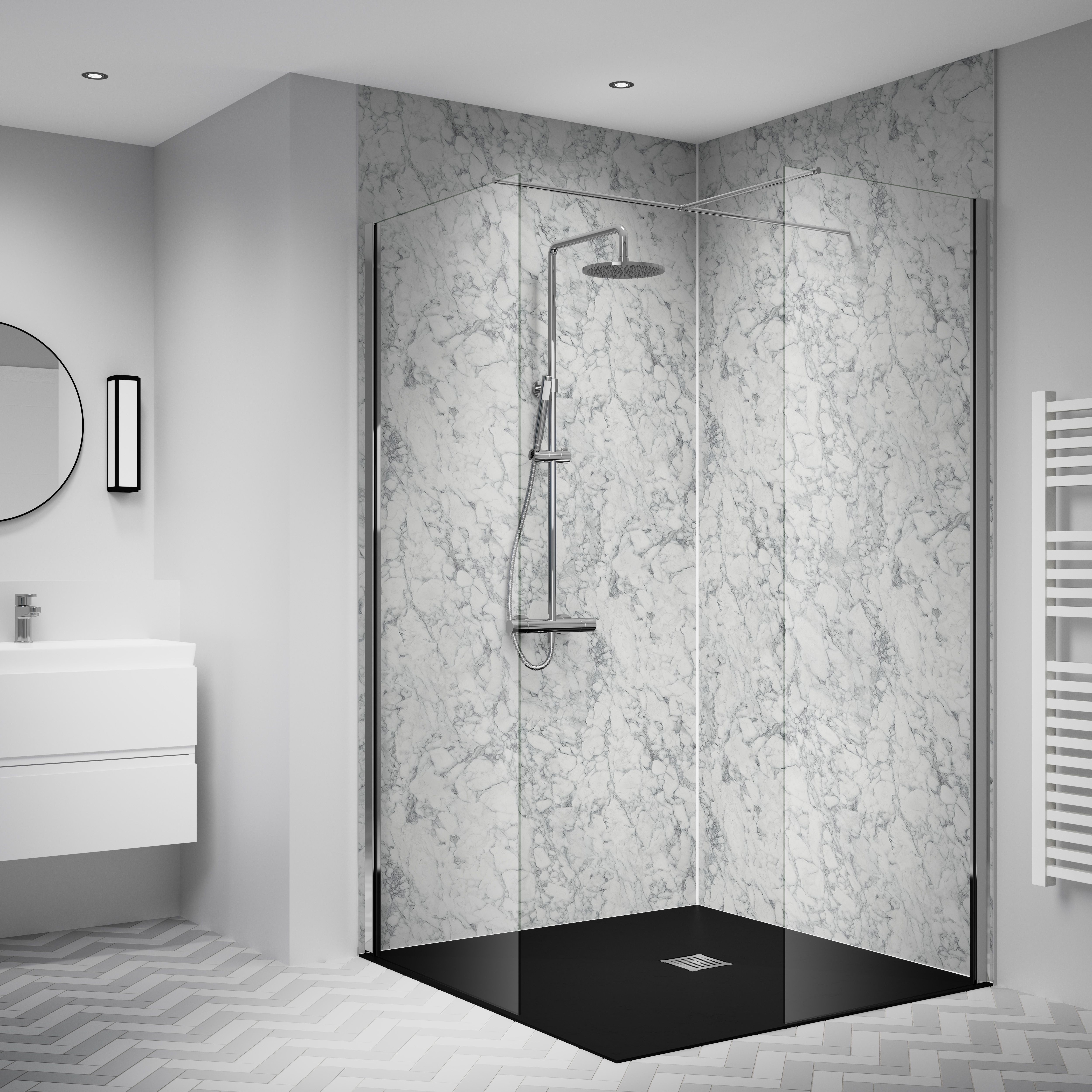 Splashwall Laminate Tongue & groove Bathroom & wet room Decorative panel (H)2420mm (W)1200mm - Matt White Cararra marble effect