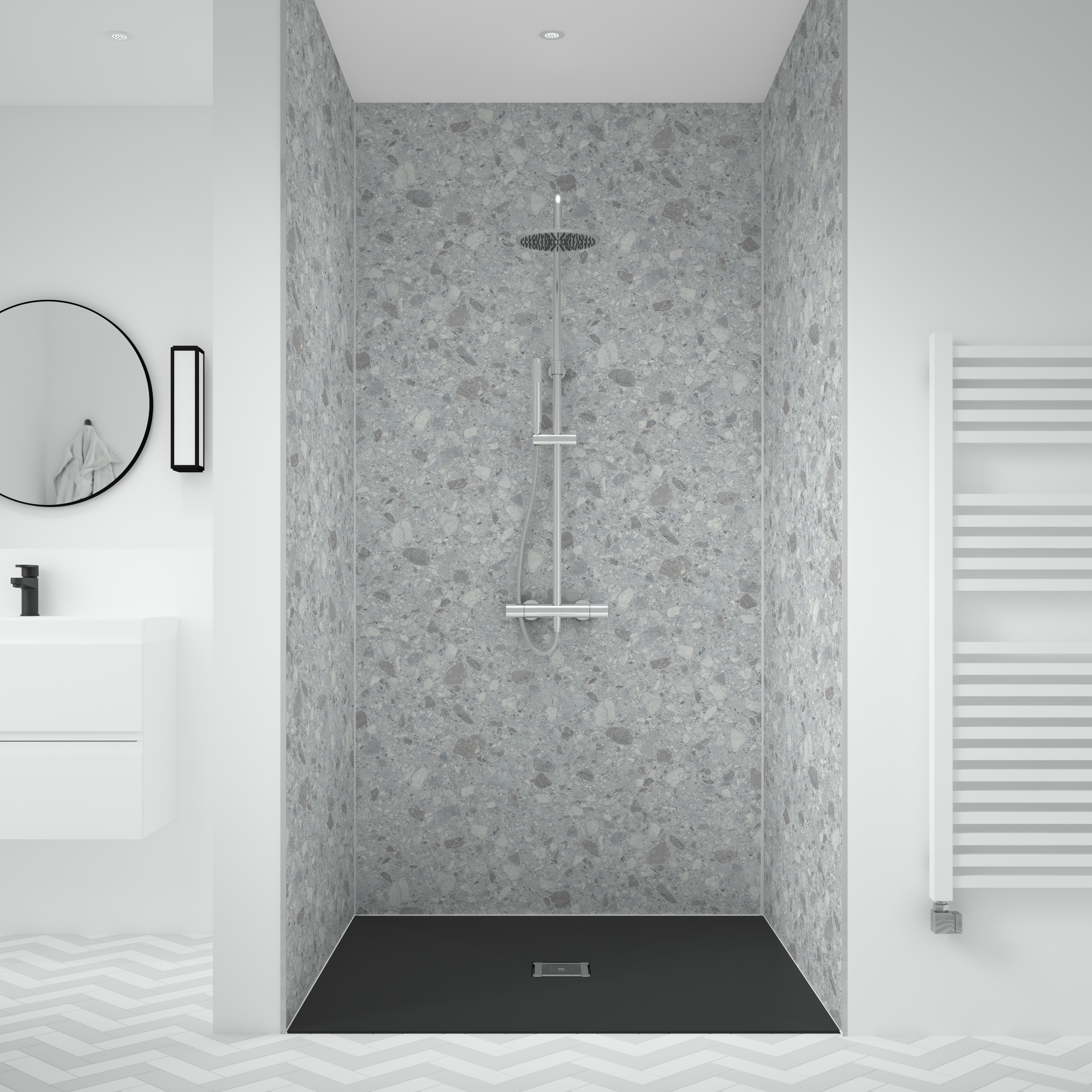 Splashwall Laminate Tongue & groove Bathroom & wet room Decorative panel (H)2420mm (W)600mm - Matt Nuvolento Terrazzo Stone effect