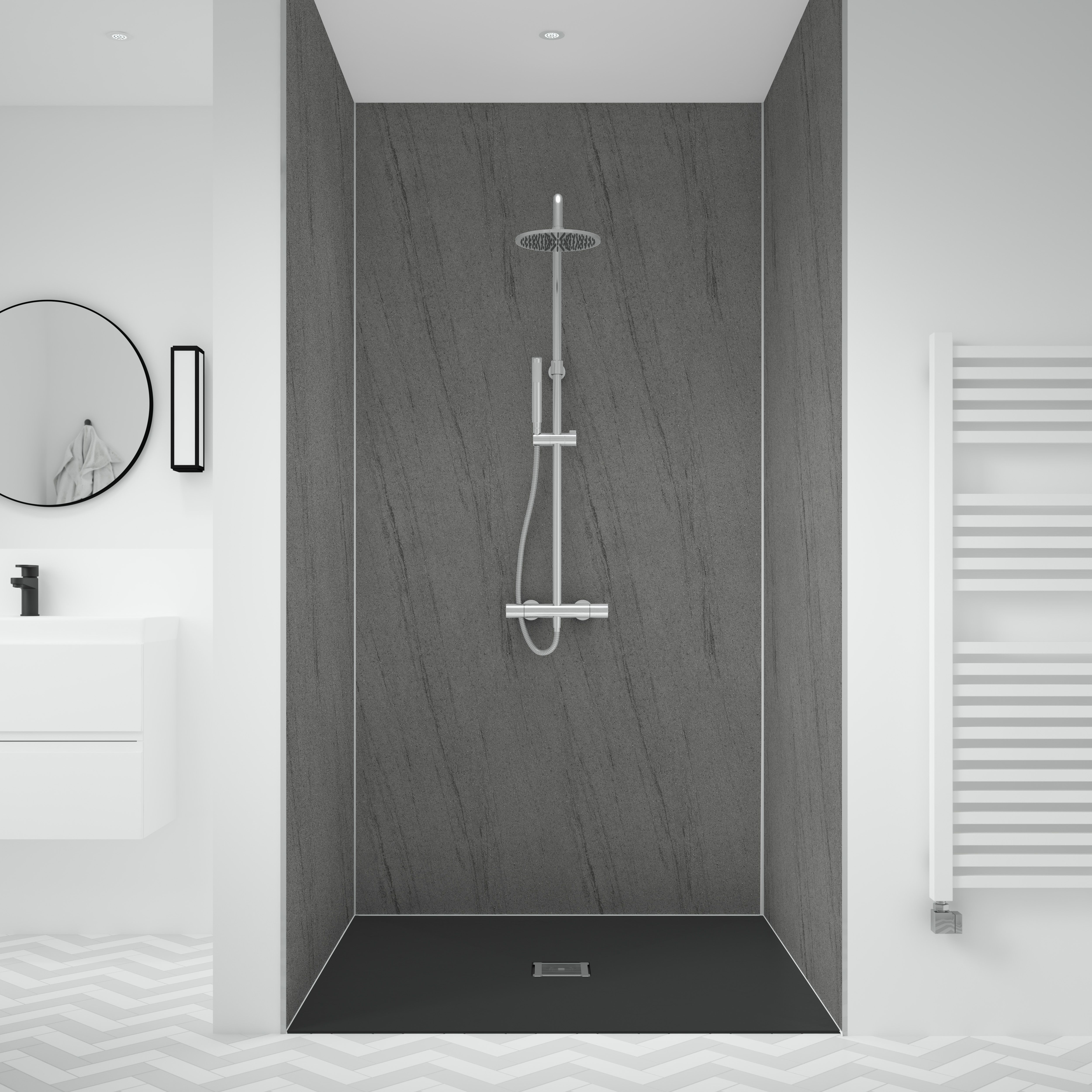 Splashwall Laminate Tongue & groove Bathroom & wet room Decorative panel (H)2420mm (W)600mm - Matt Silver Granite Stone effect