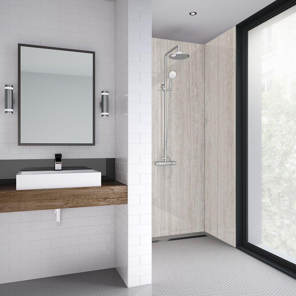 Splashwall Majestic Beige stone Clean cut 3 sided Shower Panel kit (L)2420mm (W)1200mm (T)11mm