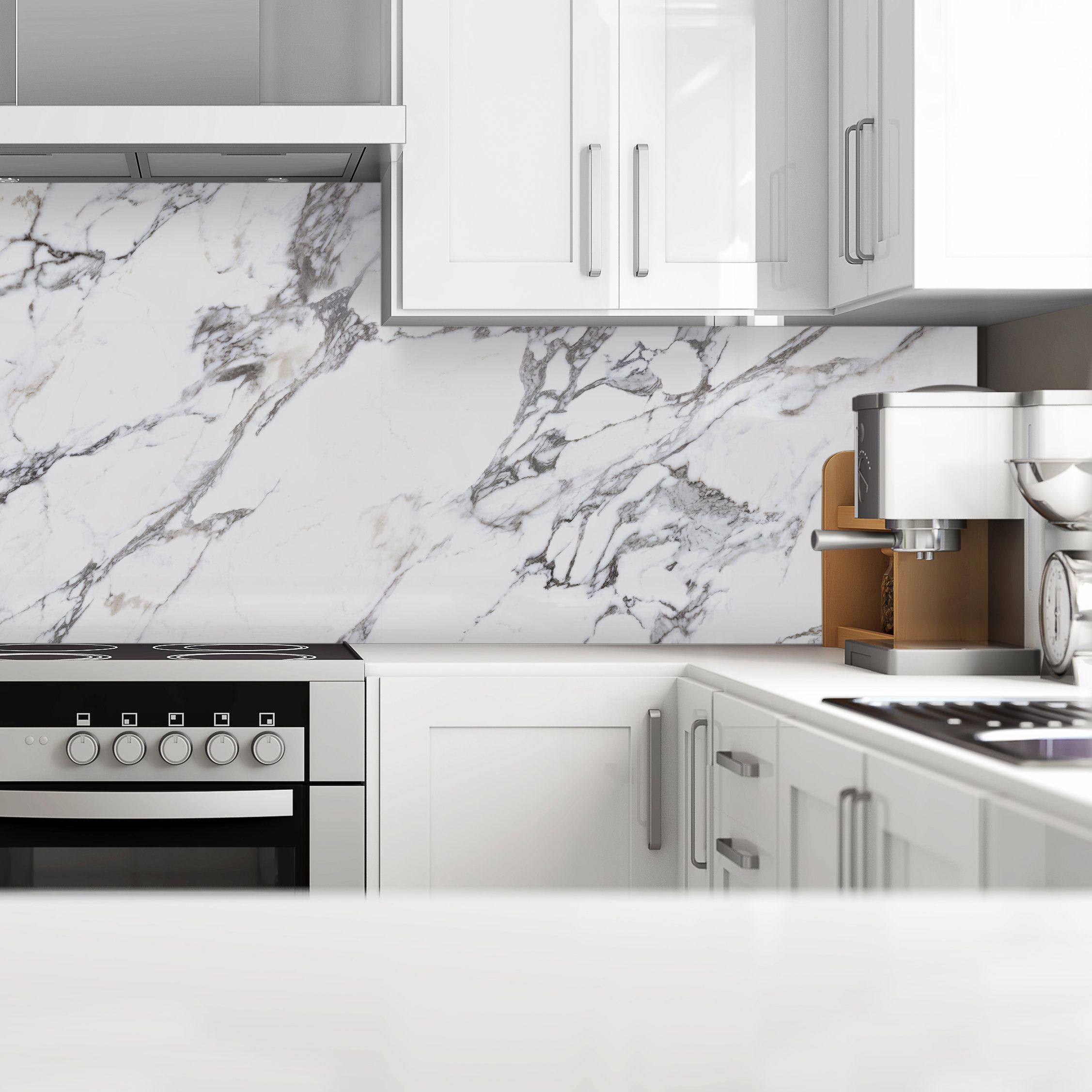 Splashwall Matt Black & white Greek Marble effect MDF Splashback, (H)1220mm (W)2440mm (T)10mm