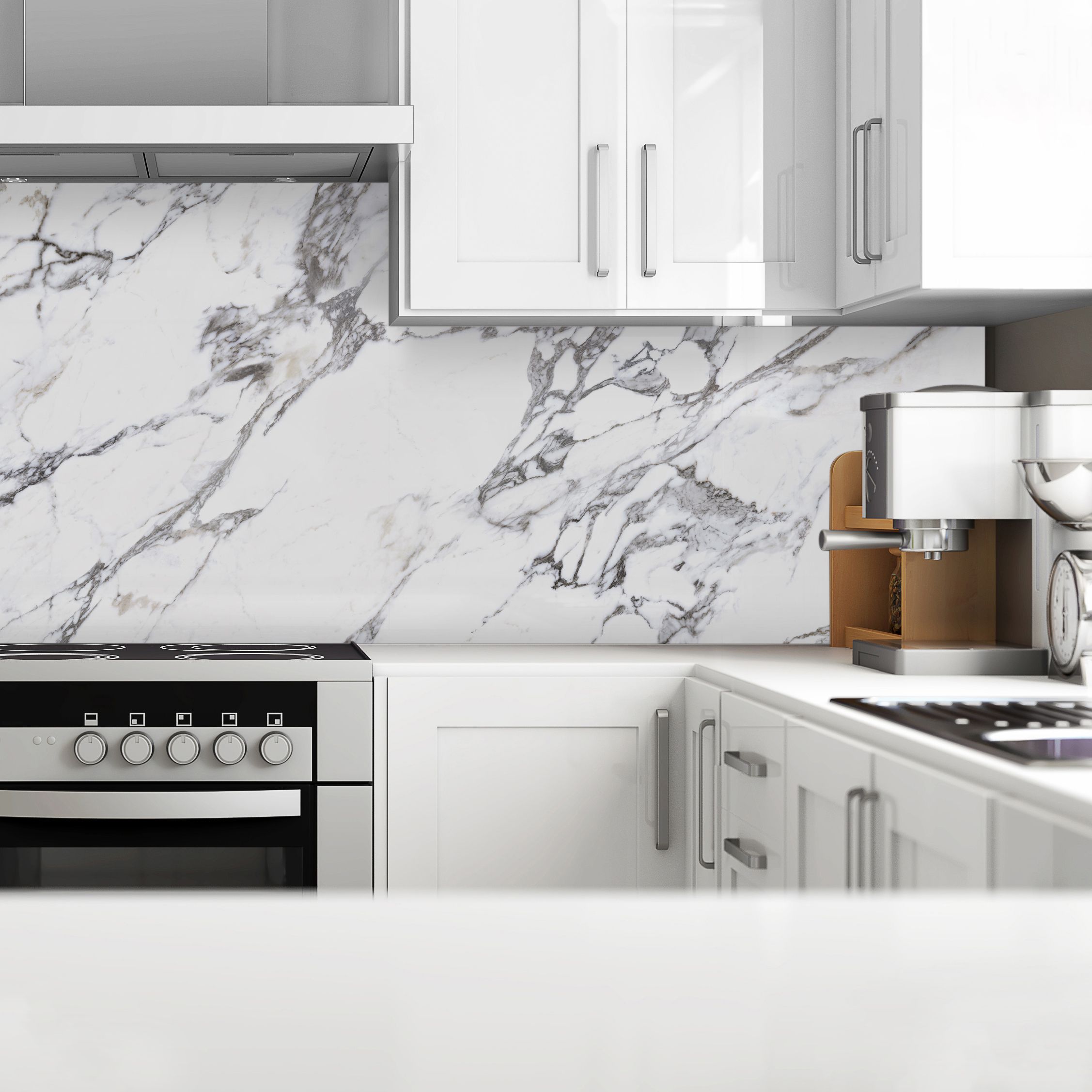 Splashwall Matt Black & white Greek Marble effect MDF Splashback, (H)600mm (W)2440mm (T)10mm