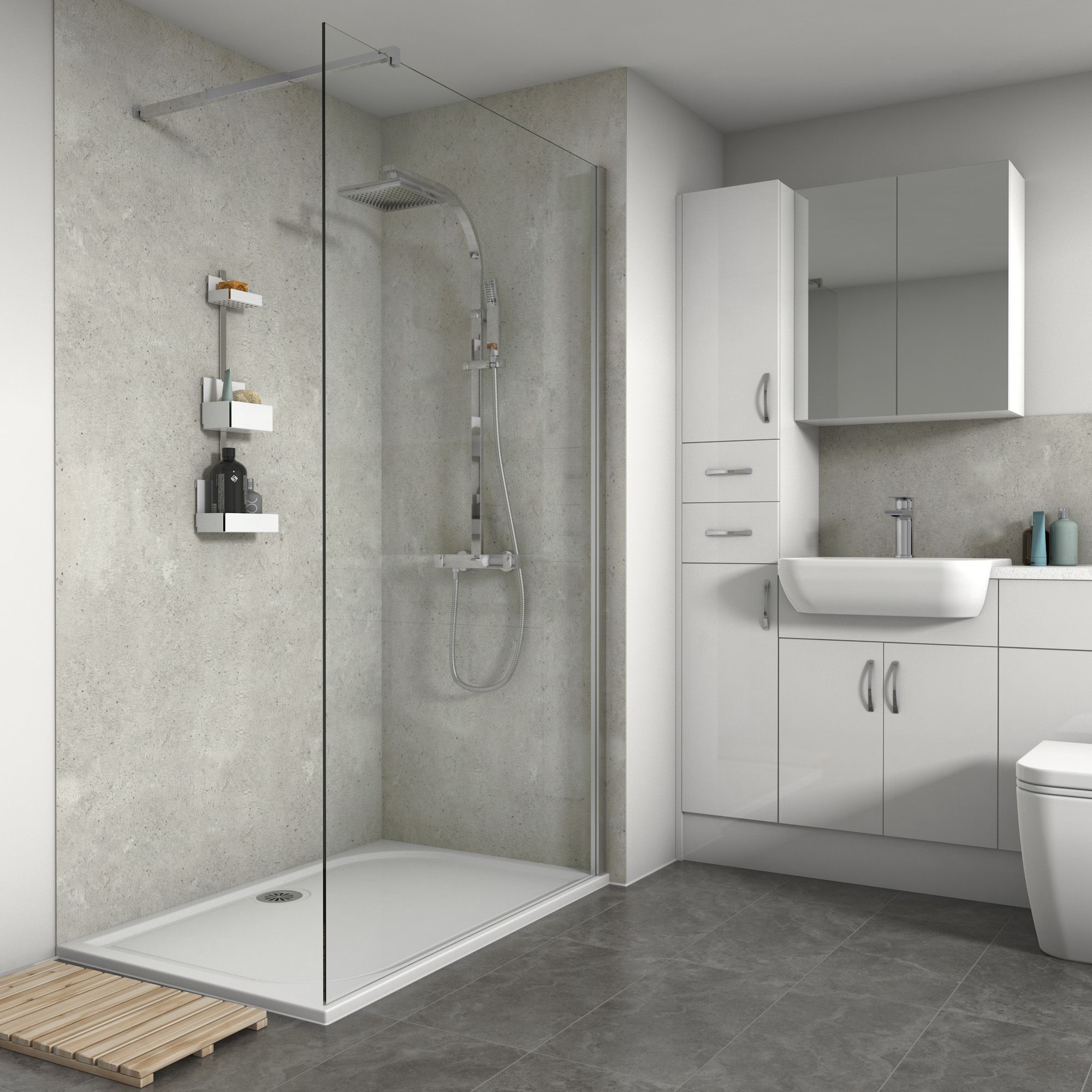 Splashwall Matt White concrete Laminate Panel (W)60cm x (H)242cm x (D)11mm