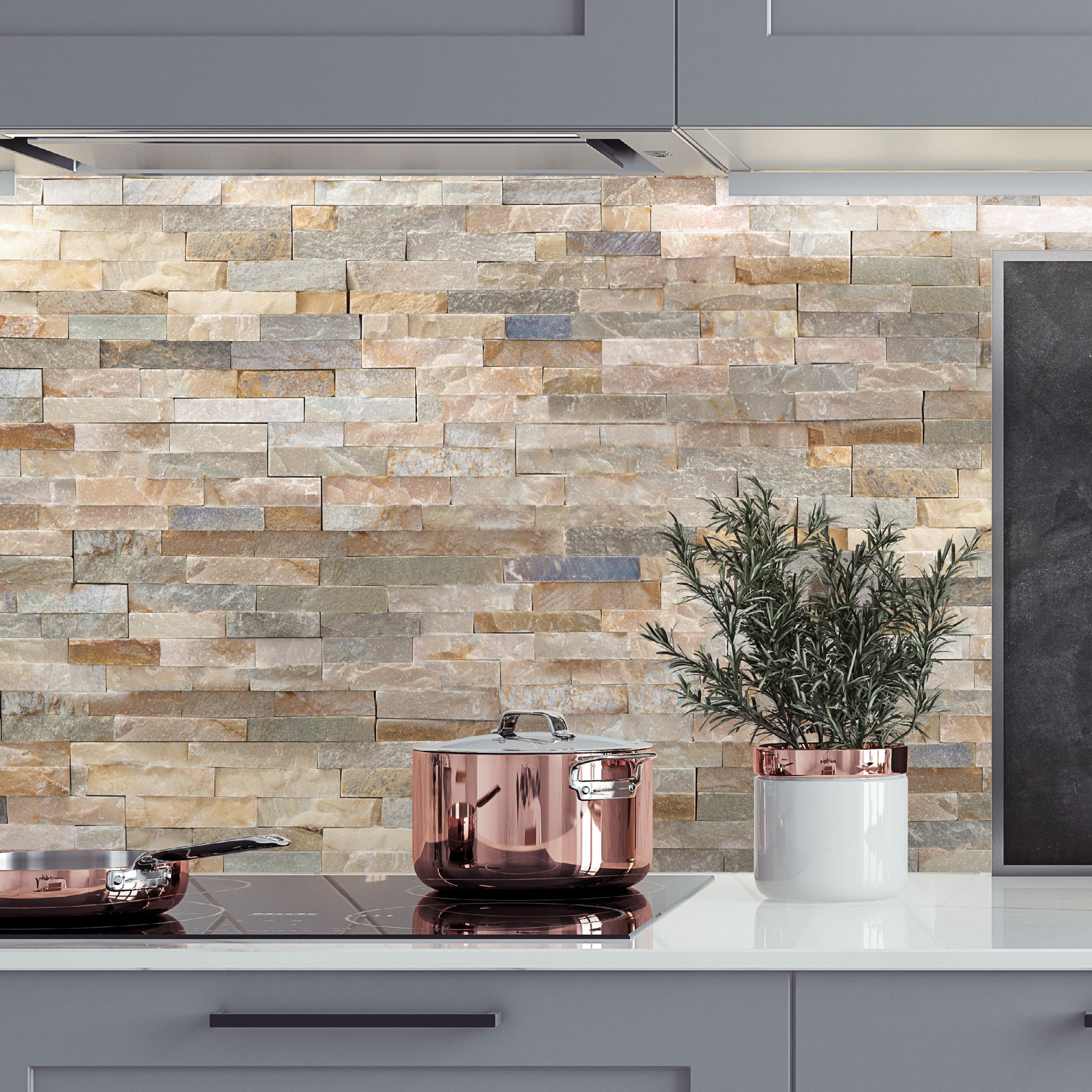 Splitface Multicolour Matt Patterned Natural stone Wall Tile, Pack of 12, (L)400mm (W)100mm