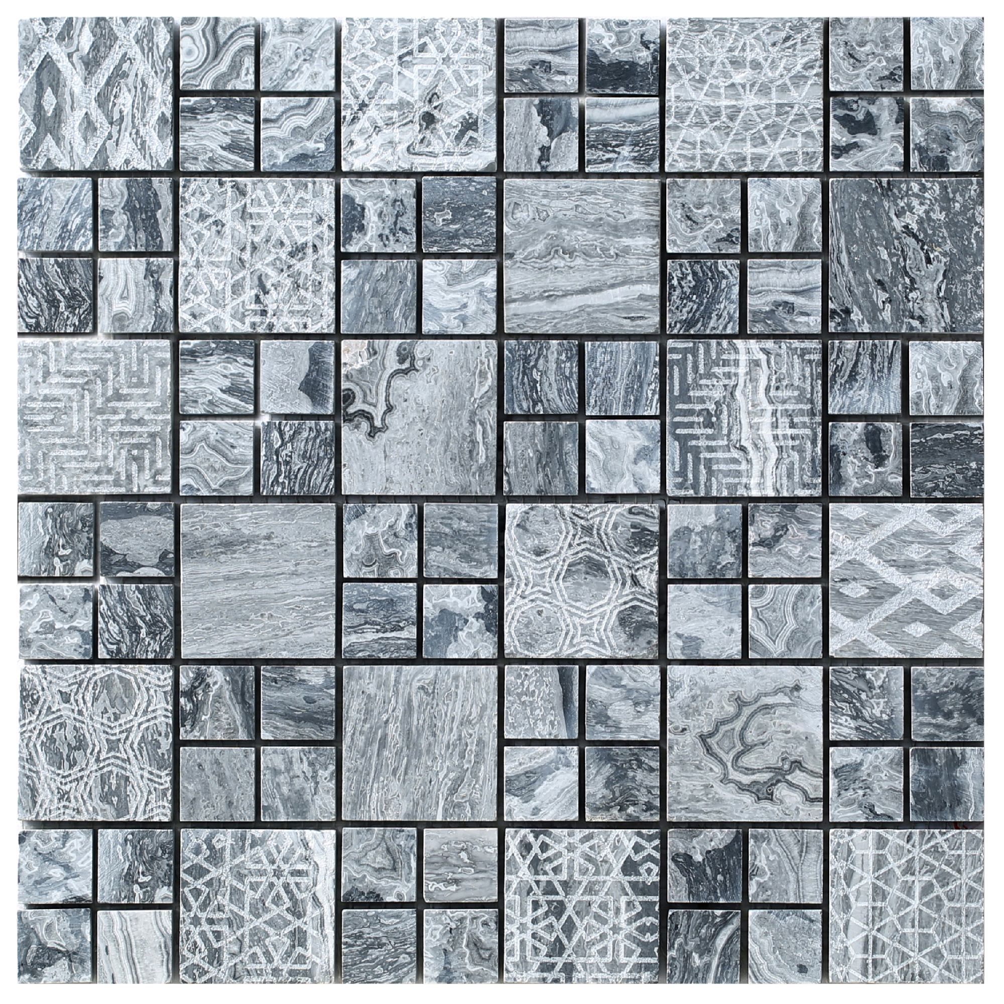 Stone etch Grey Marble 3x3 Mosaic tile, (L)300mm (W)300mm